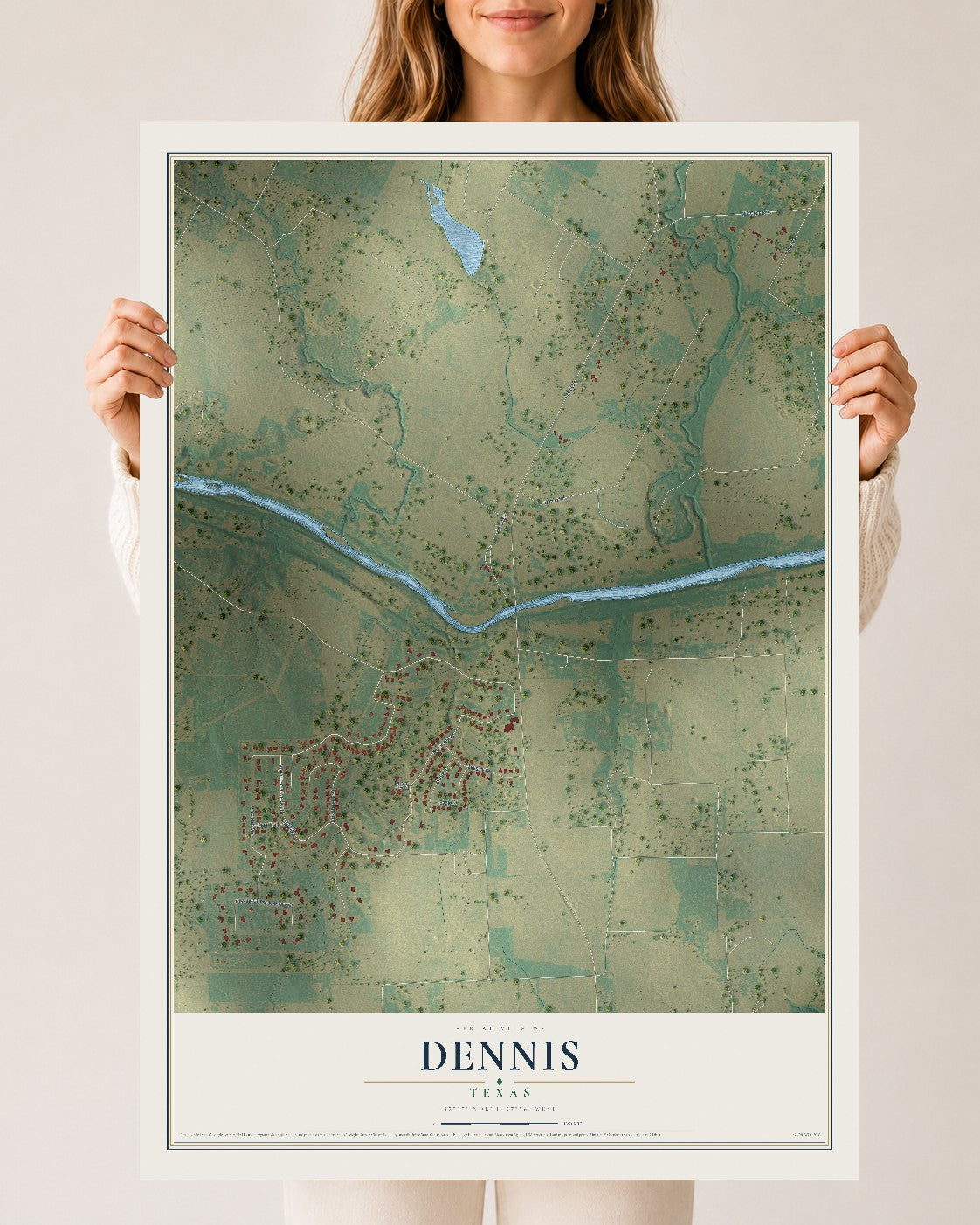 Map of Dennis, Texas, 24 x 36 inch unframed archival matte print