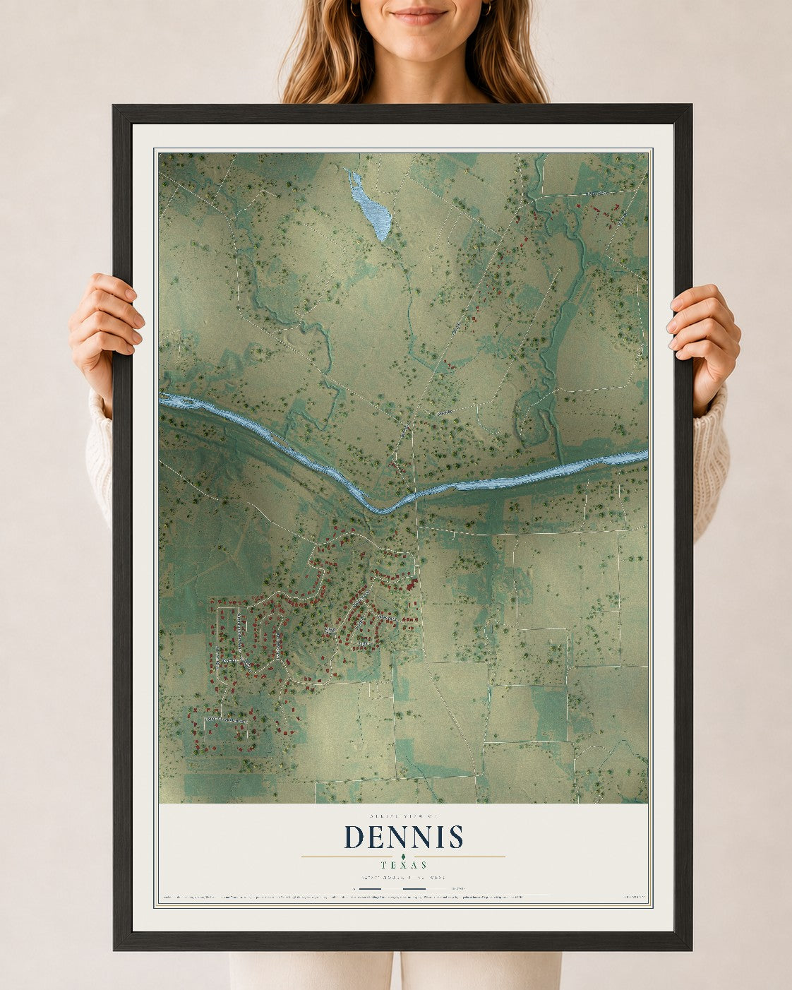 Map of Dennis, Texas, 24 x 36 inch print in a black wood frame