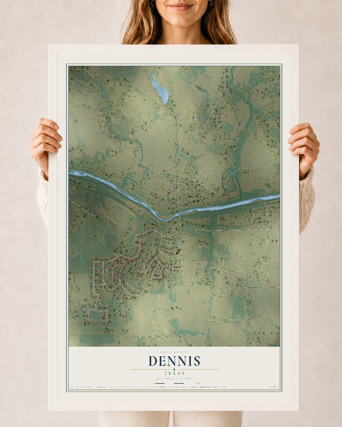 Map of Dennis, Texas, 24 x 36 inch print in a white wood frame