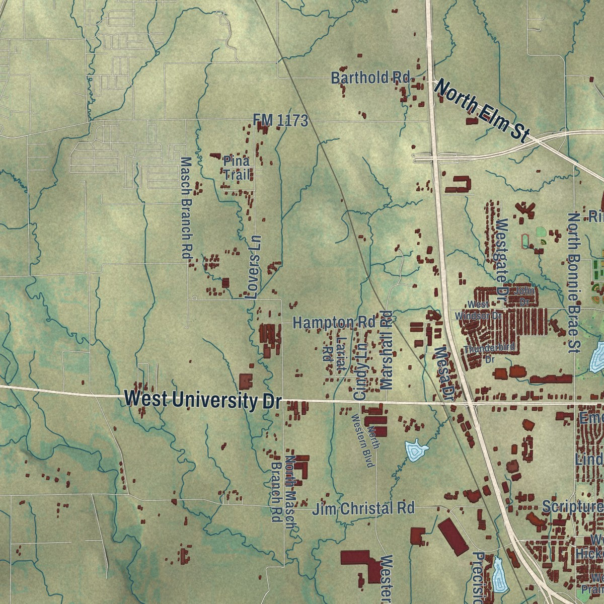 Second close-up of the map of Denton, Texas print showing more streets and buildings