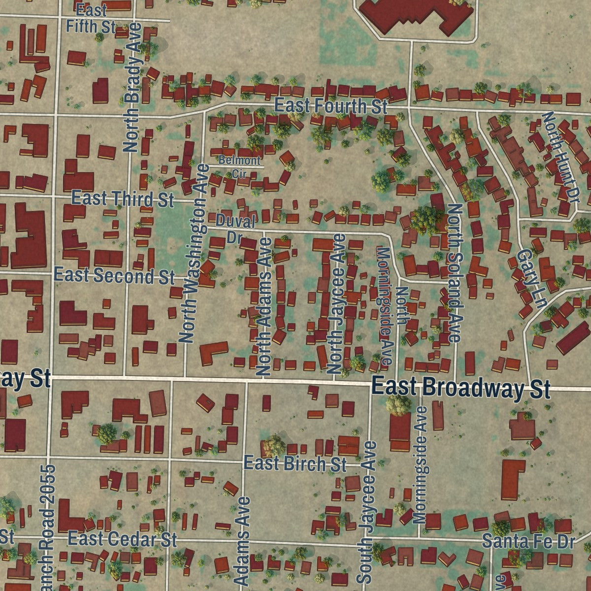 Close-up of the map of Denver City, Texas print showing street and building detail