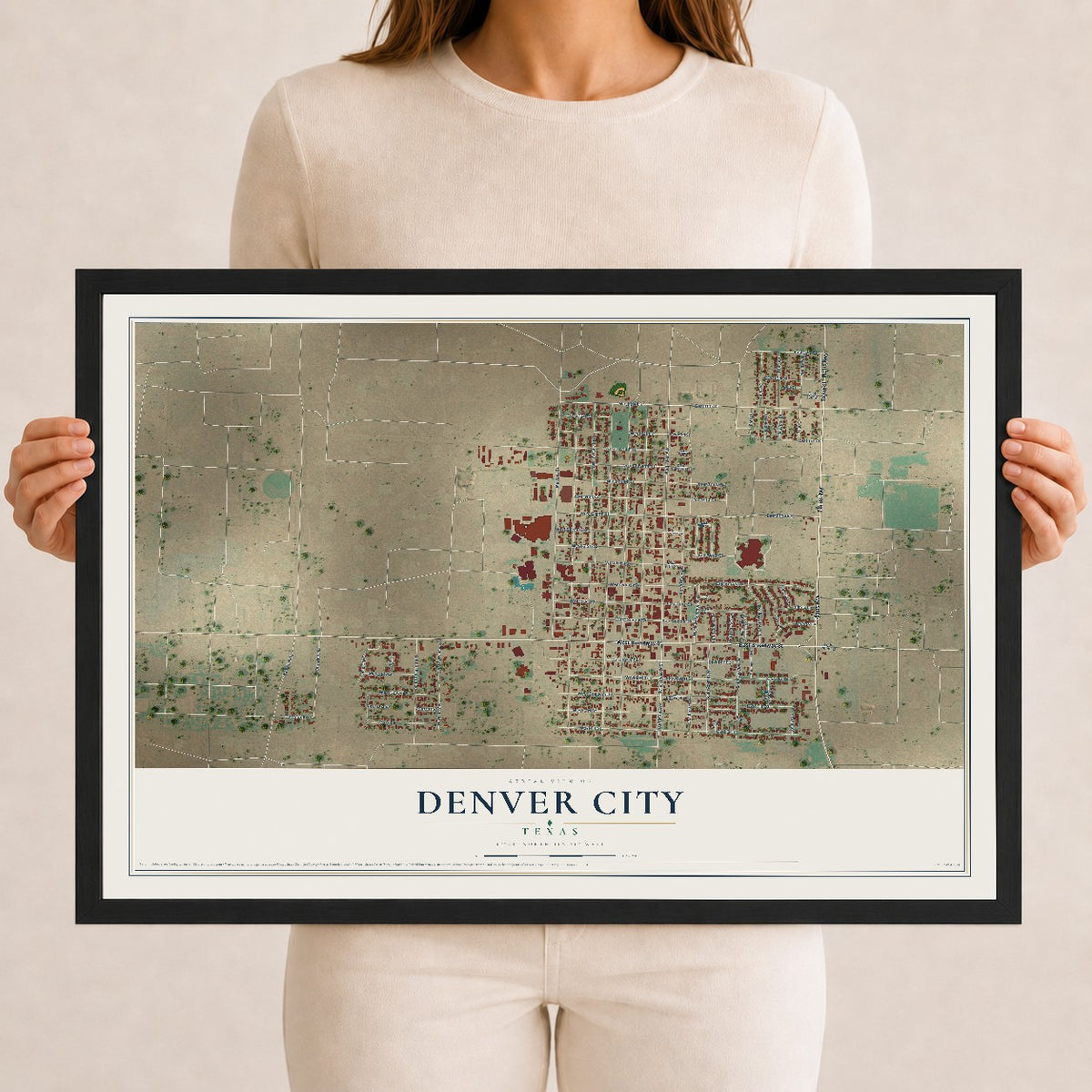 Map of Denver City, Texas, 12 x 18 inch print in a black wood frame