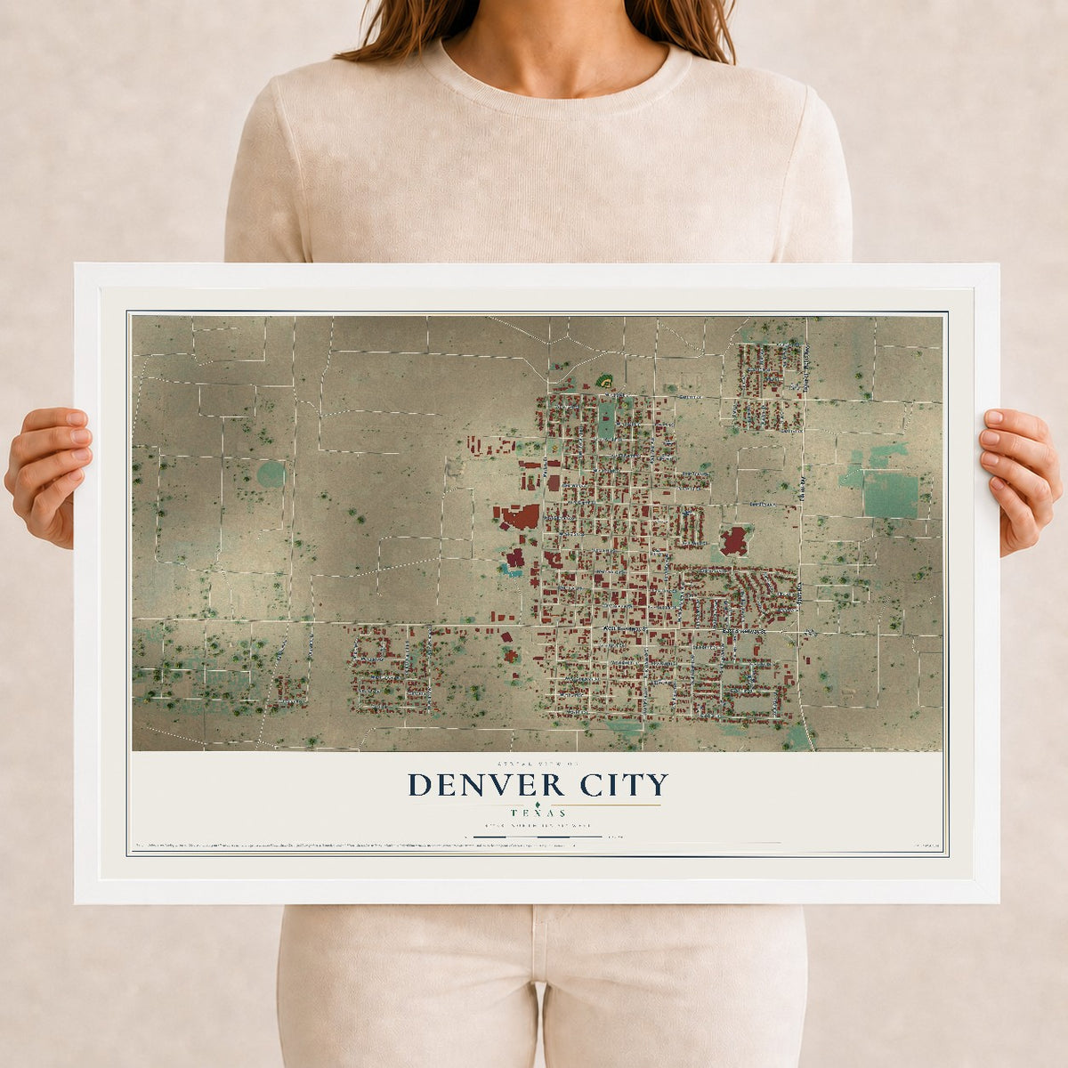 Map of Denver City, Texas, 12 x 18 inch print in a white wood frame