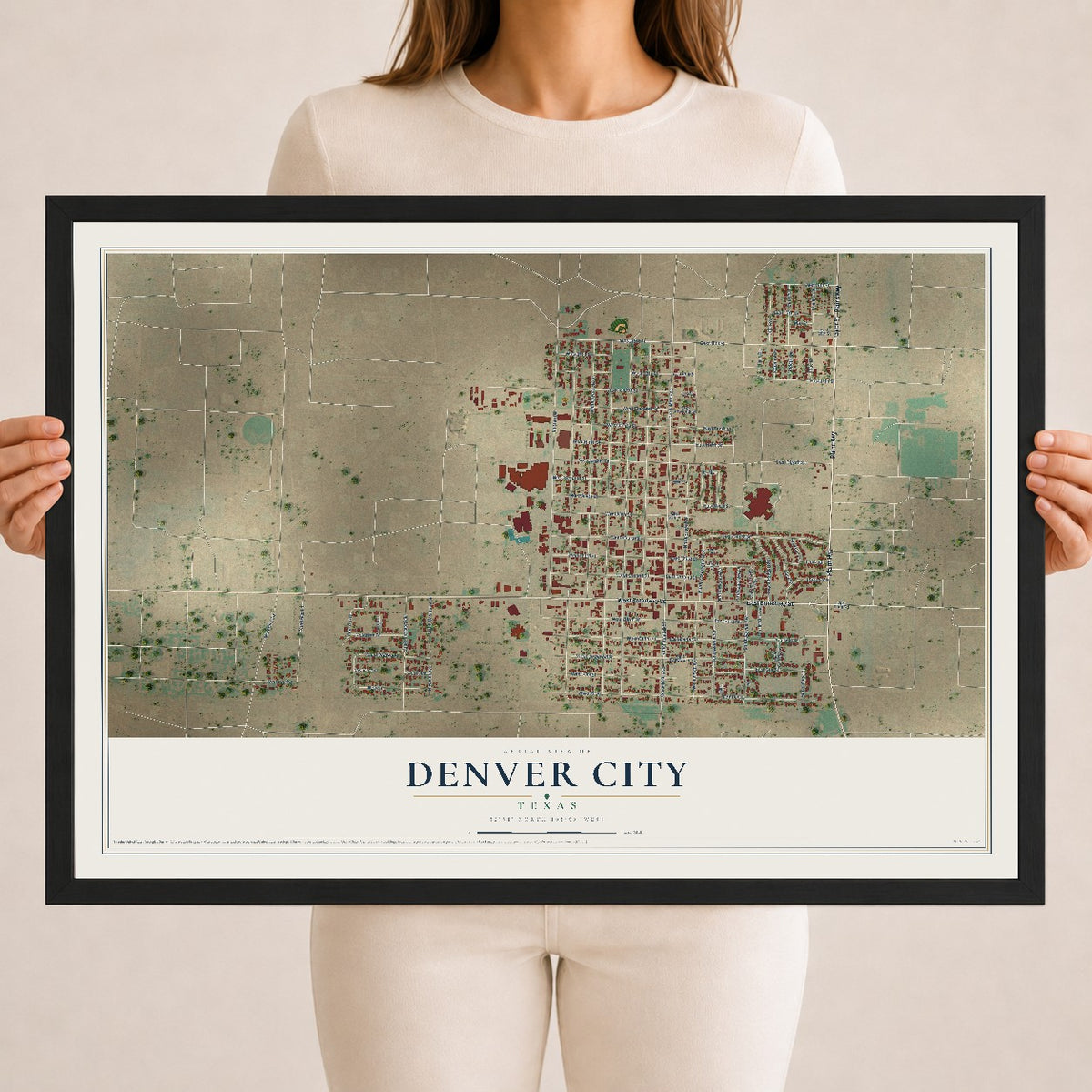 Map of Denver City, Texas, 18 x 24 inch print in a black wood frame