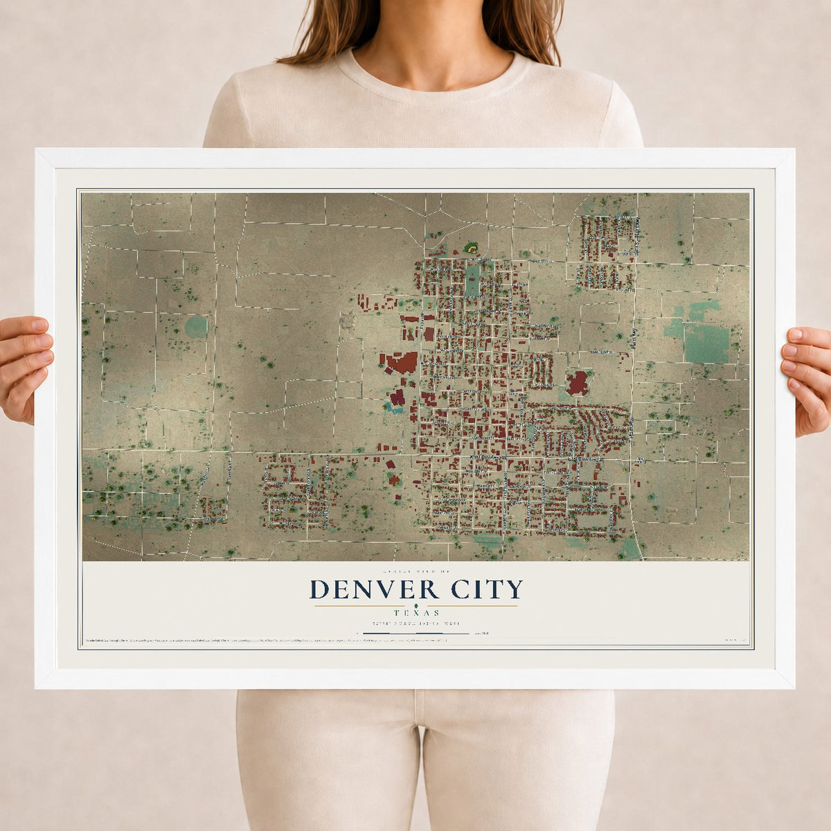 Map of Denver City, Texas, 18 x 24 inch print in a white wood frame
