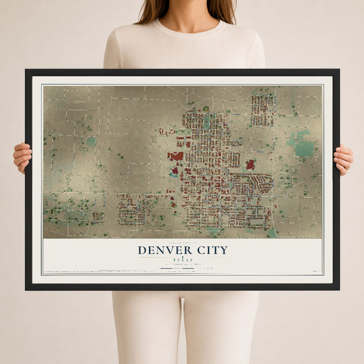 Map of Denver City, Texas, 24 x 36 inch print in a black wood frame