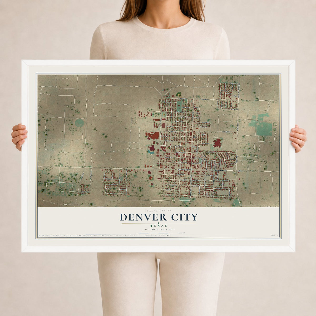 Map of Denver City, Texas, 24 x 36 inch print in a white wood frame