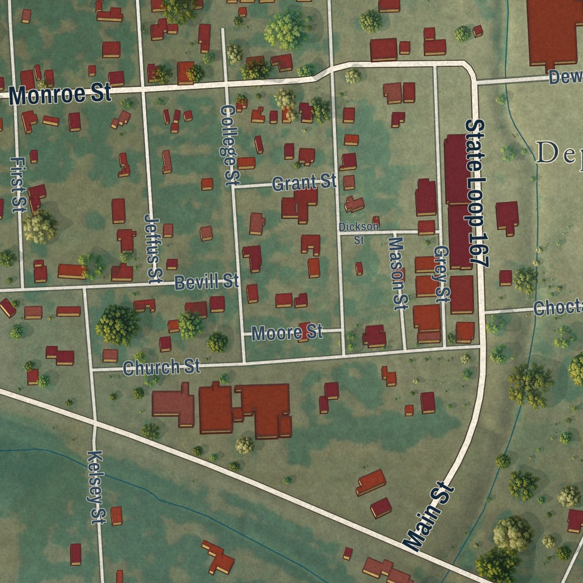 Close-up of the map of Deport, Texas print showing street and building detail