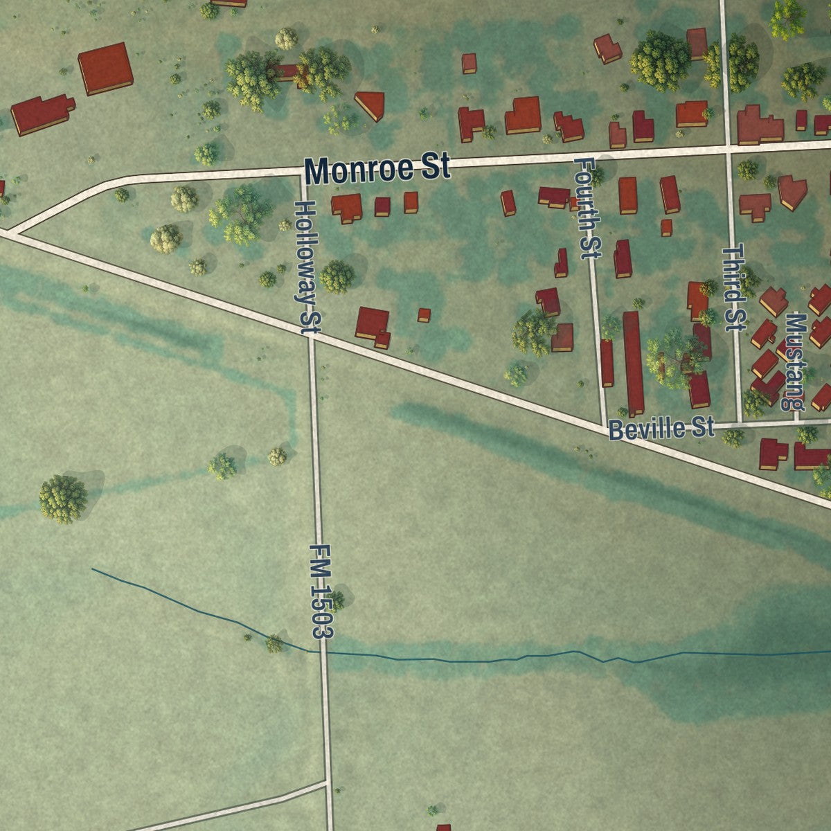 Second close-up of the map of Deport, Texas print showing more streets and buildings