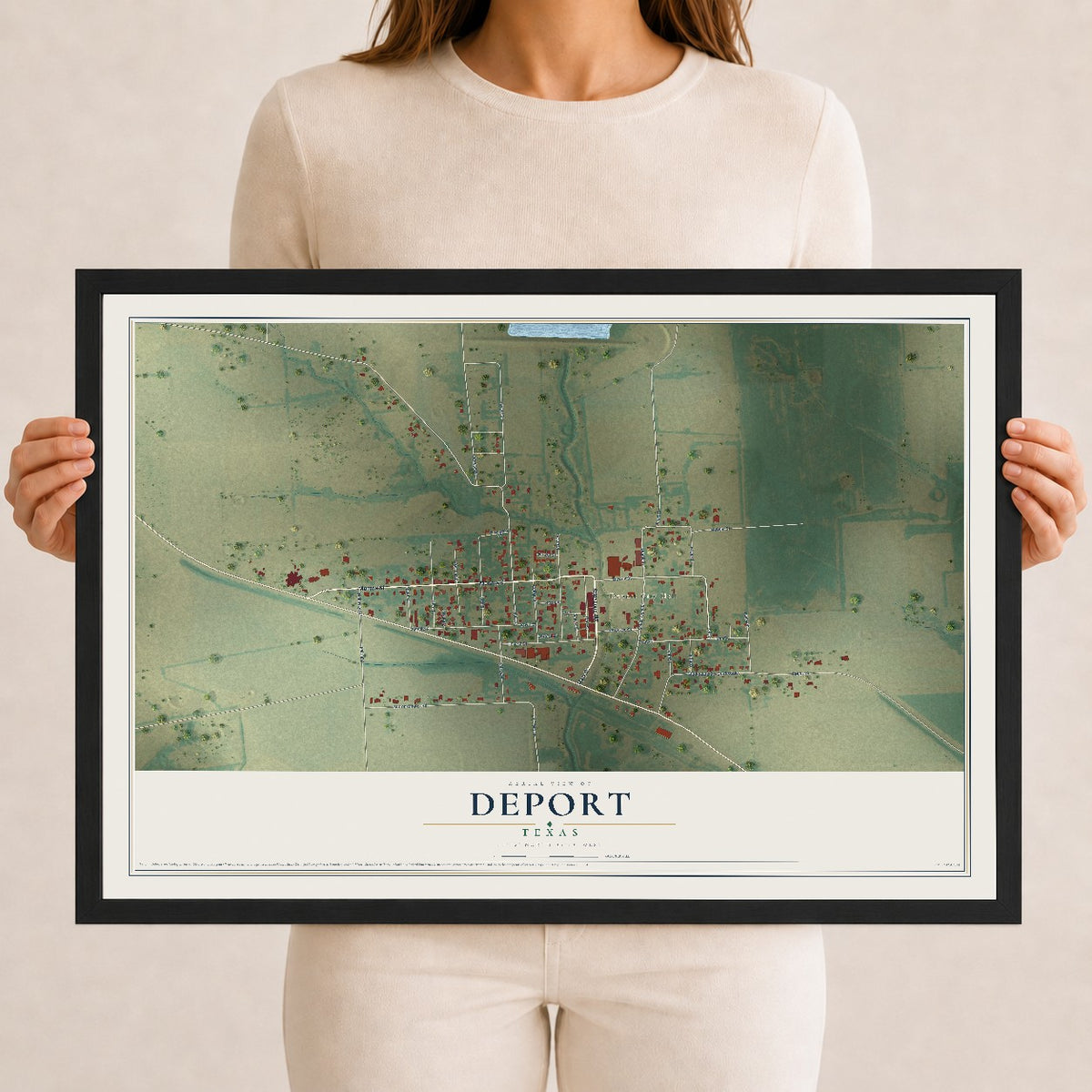 Map of Deport, Texas, 12 x 18 inch print in a black wood frame