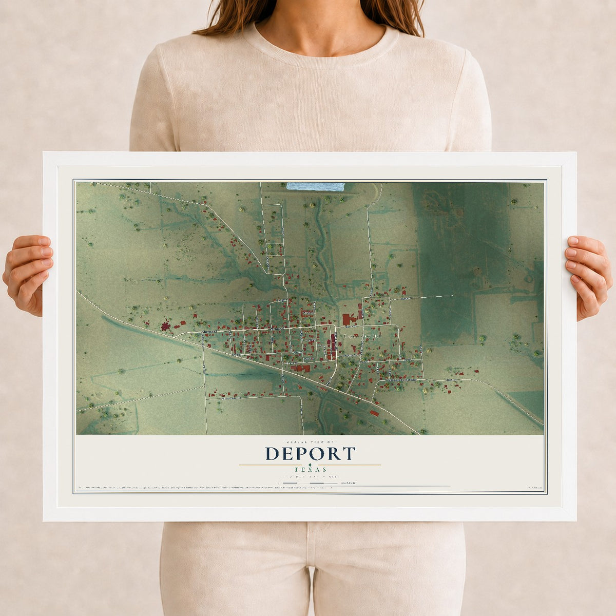 Map of Deport, Texas, 12 x 18 inch print in a white wood frame