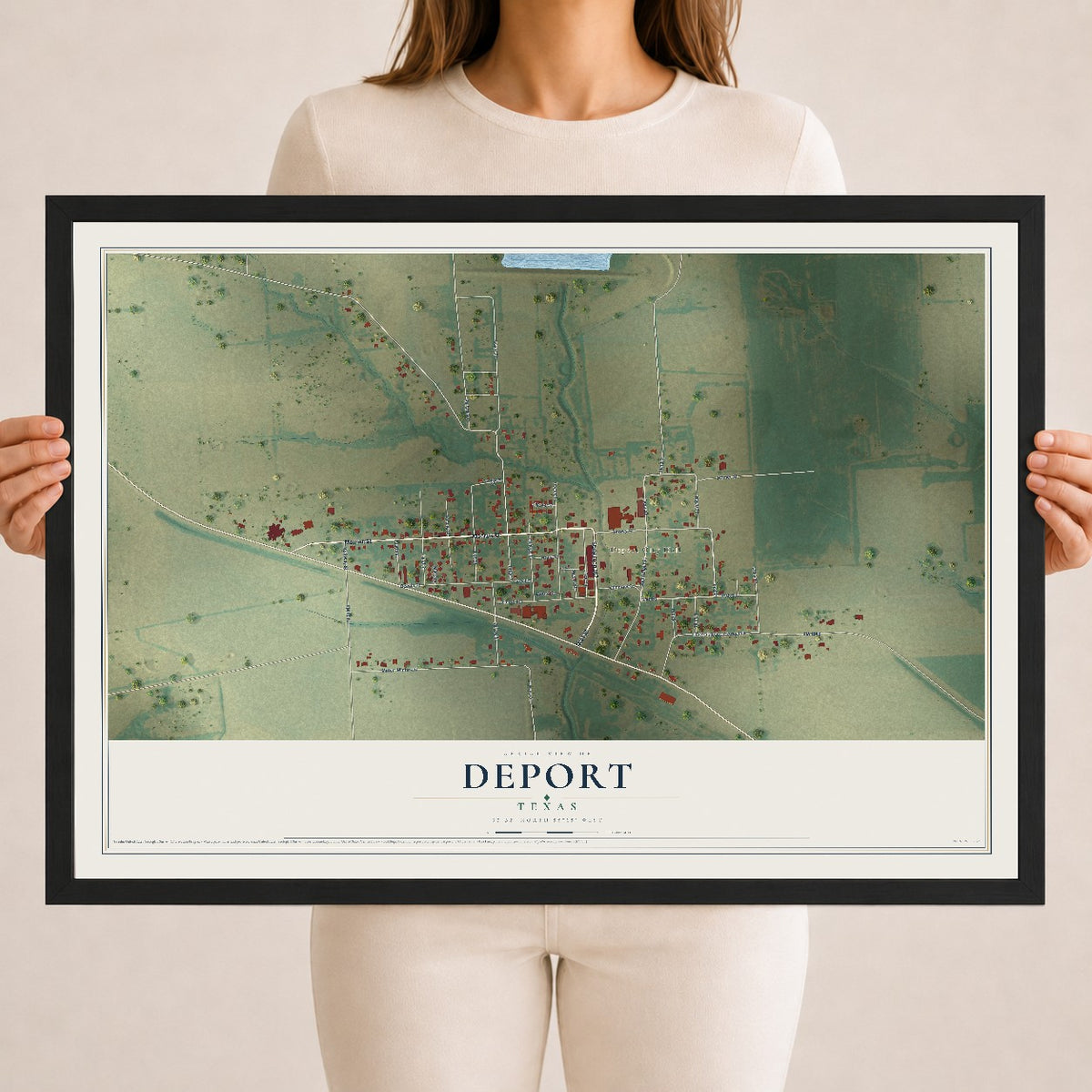 Map of Deport, Texas, 18 x 24 inch print in a black wood frame