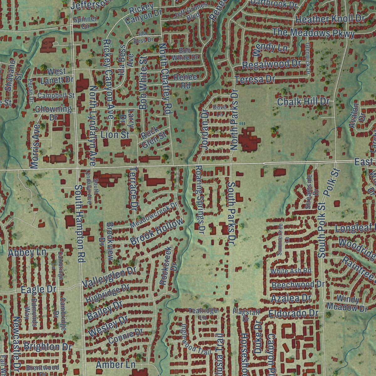 Close-up of the map of DeSoto, Texas print showing street and building detail