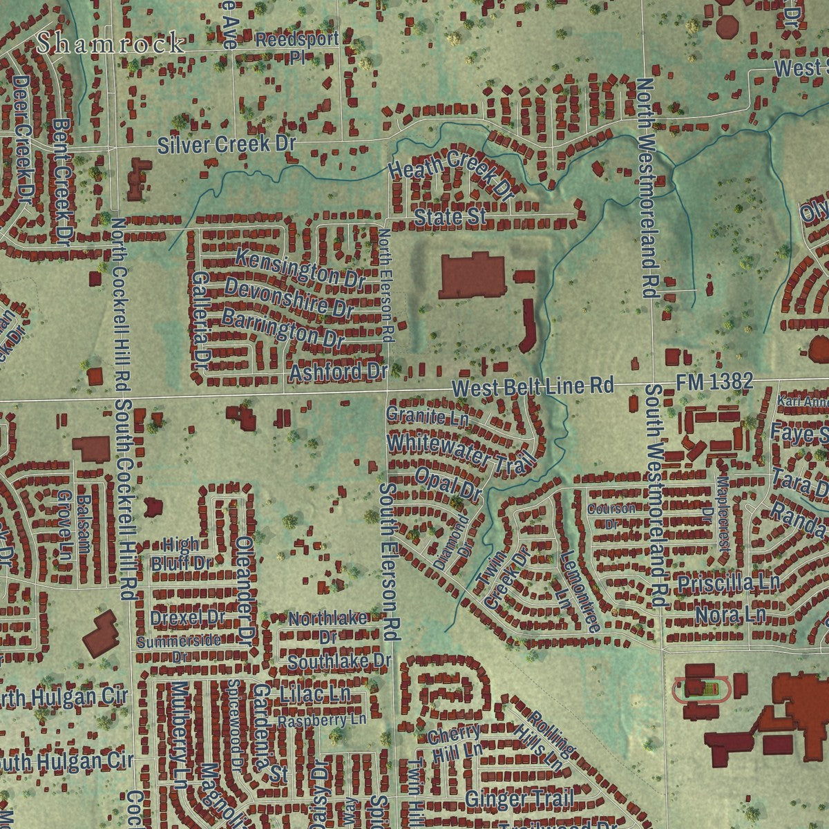 Second close-up of the map of DeSoto, Texas print showing more streets and buildings