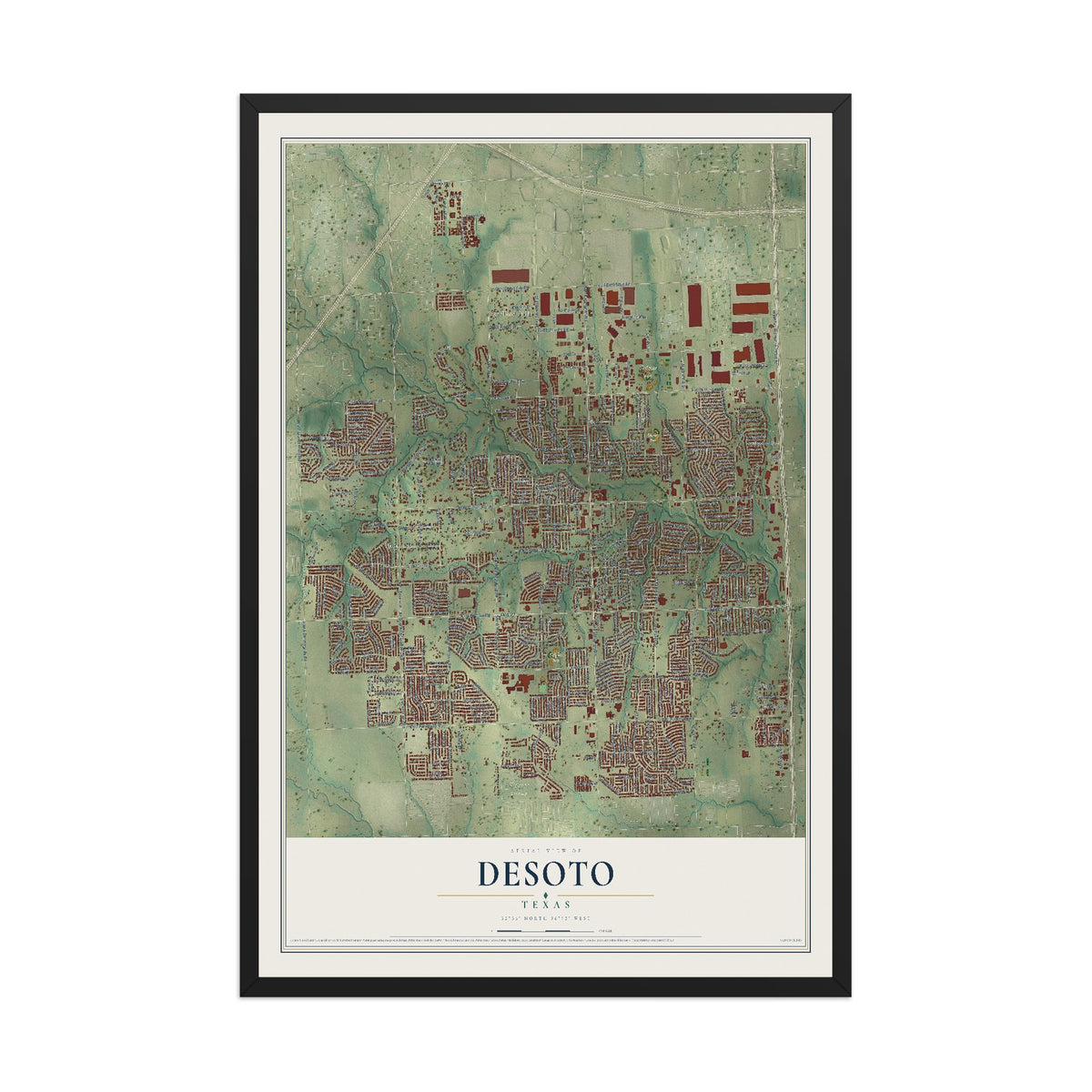 Map of DeSoto, Texas, 12 x 18 inch print in a black wood frame