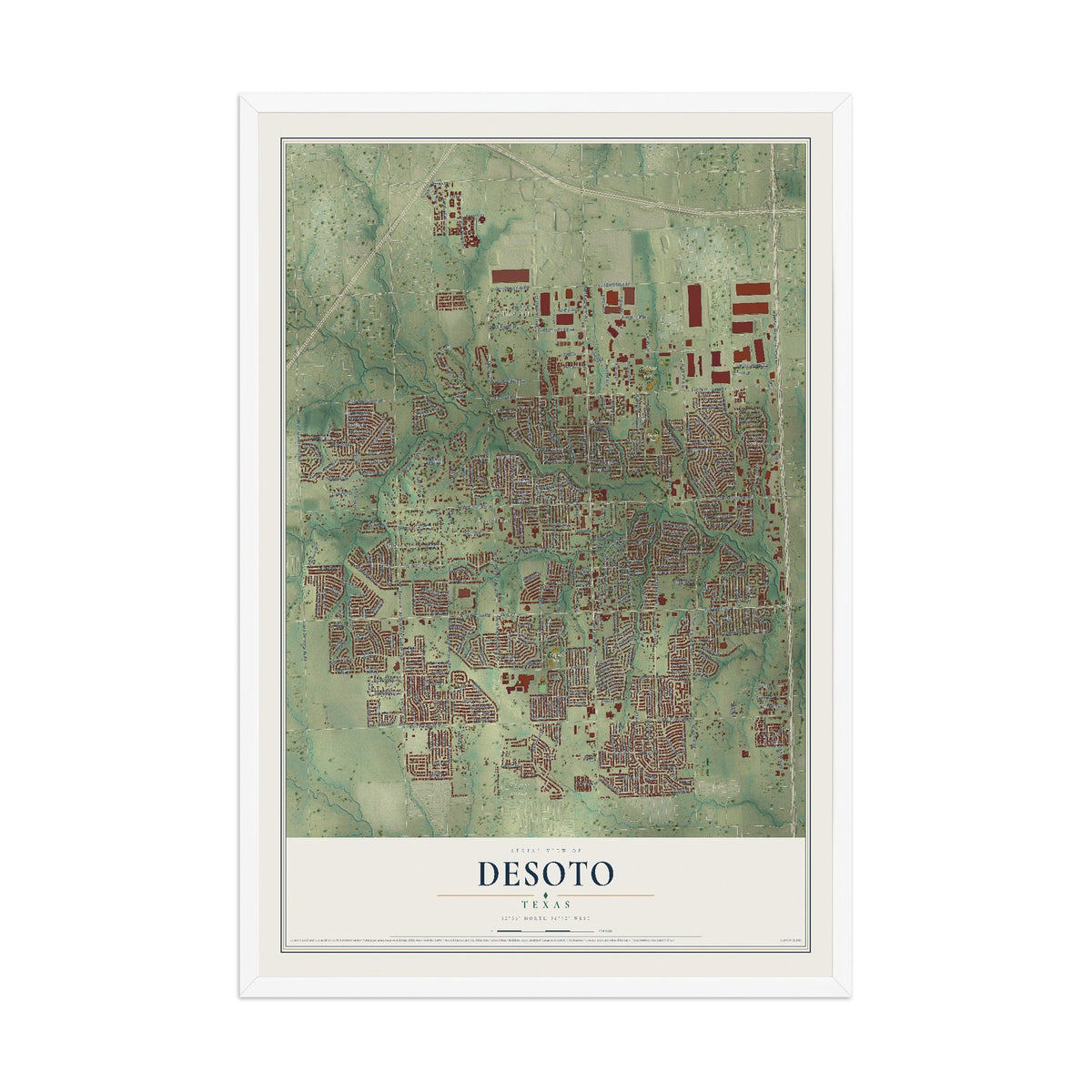 Map of DeSoto, Texas, 12 x 18 inch print in a white wood frame
