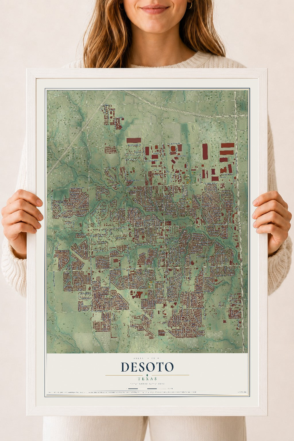 Map of DeSoto, Texas, 18 x 24 inch print in a white wood frame
