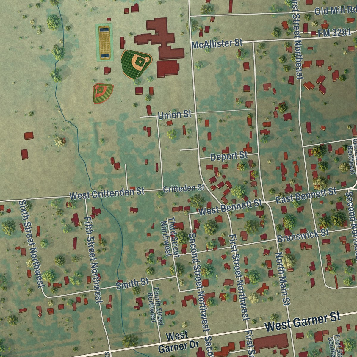 Close-up of the map of Detroit, Texas print showing street and building detail