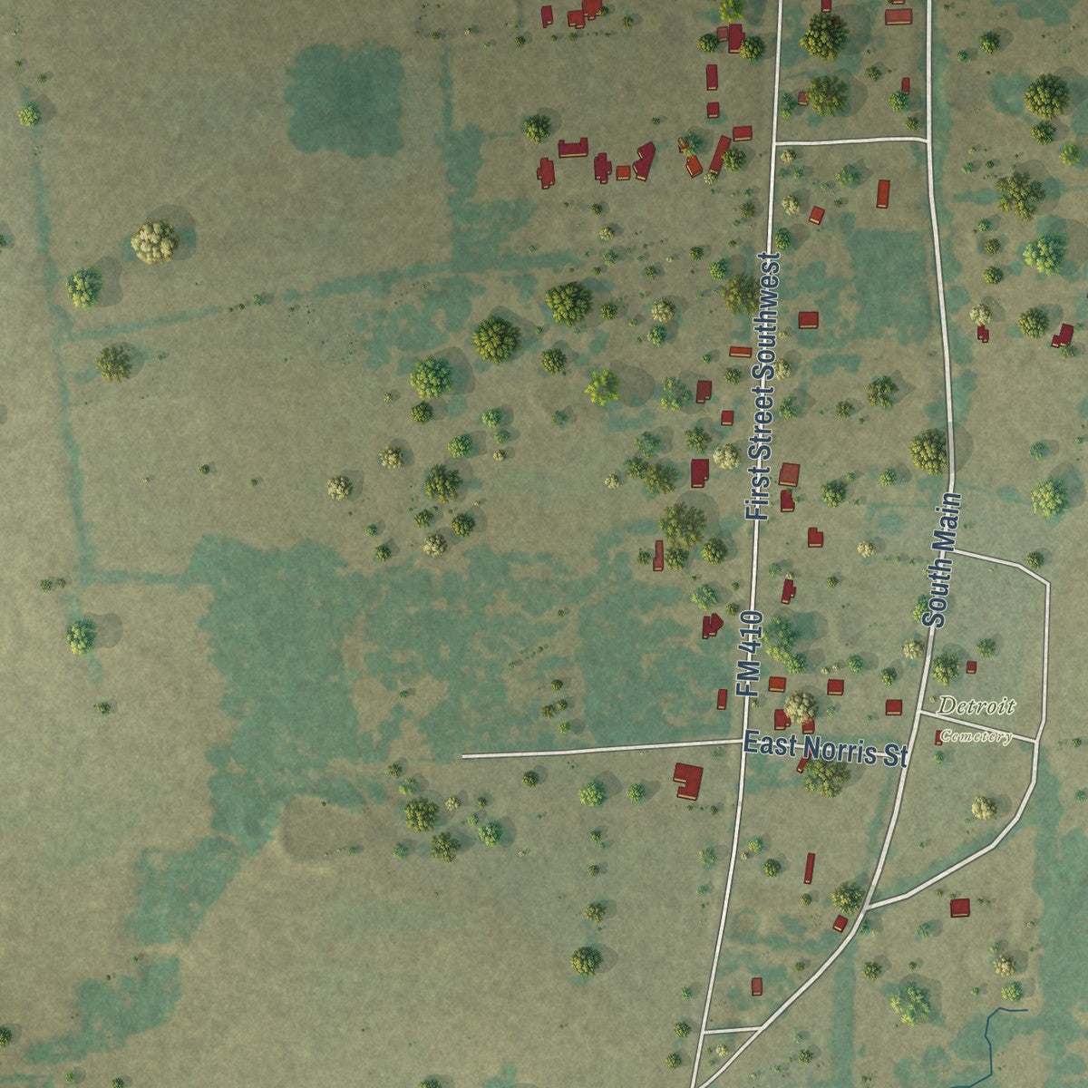 Second close-up of the map of Detroit, Texas print showing more streets and buildings