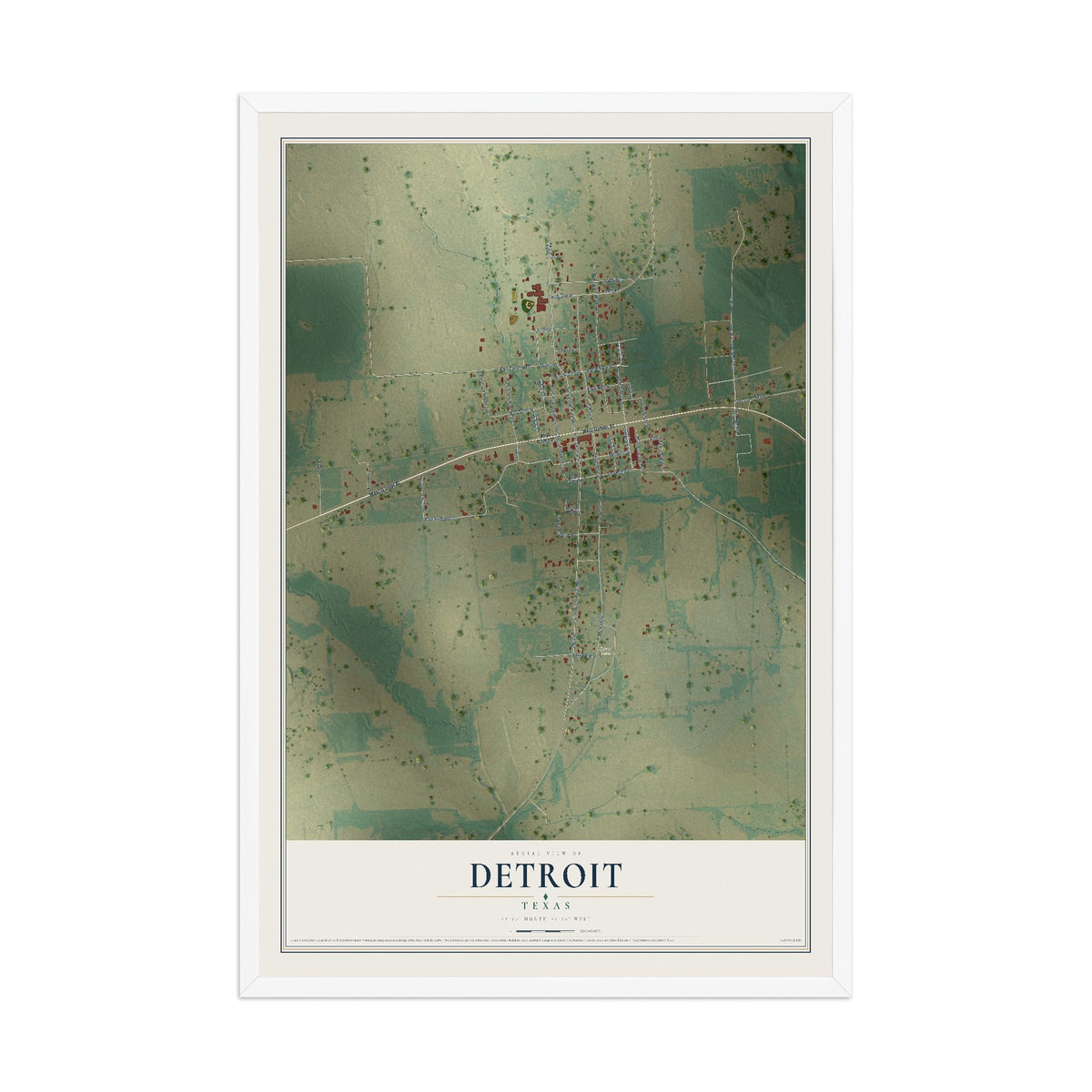 Map of Detroit, Texas, 12 x 18 inch print in a white wood frame