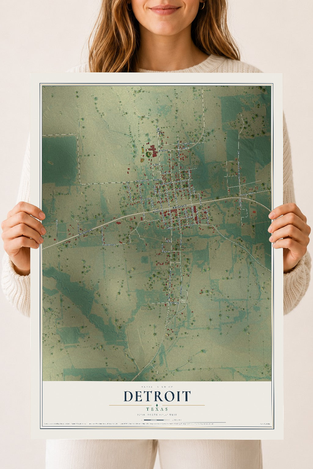 Map of Detroit, Texas, 18 x 24 inch unframed archival matte print
