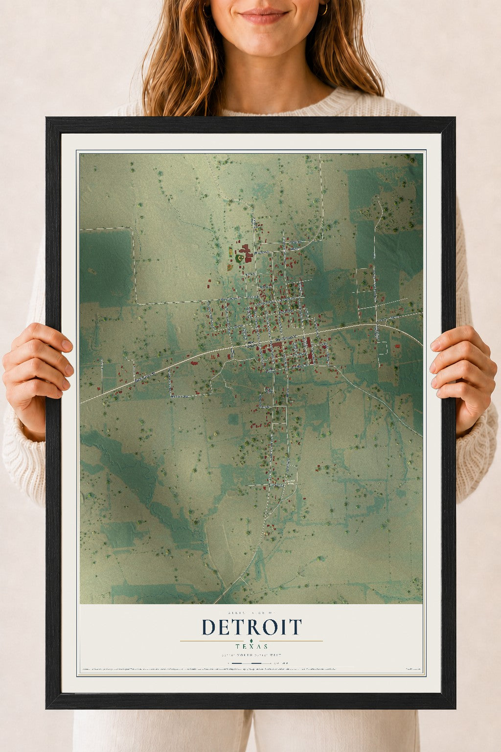 Map of Detroit, Texas, 18 x 24 inch print in a black wood frame