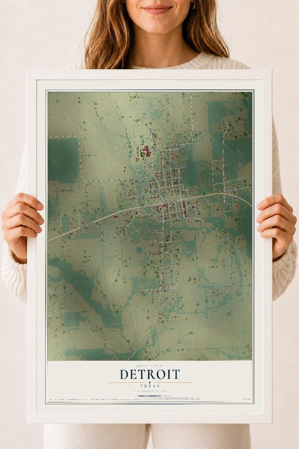 Map of Detroit, Texas, 18 x 24 inch print in a white wood frame