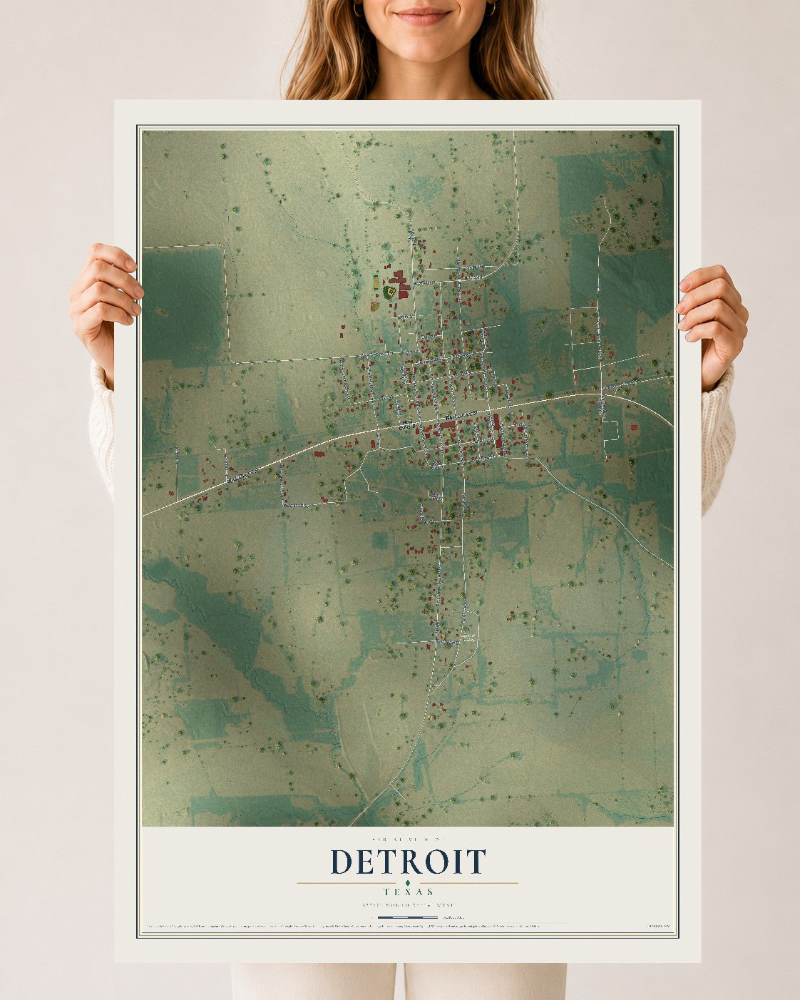 Map of Detroit, Texas, 24 x 36 inch unframed archival matte print