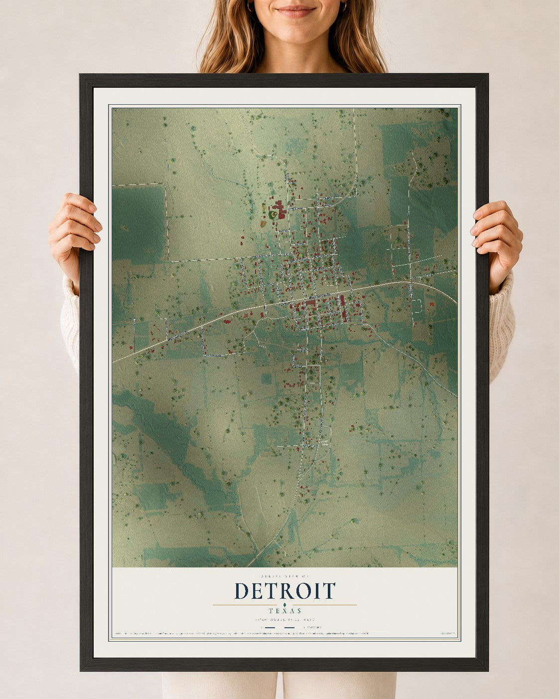 Map of Detroit, Texas, 24 x 36 inch print in a black wood frame