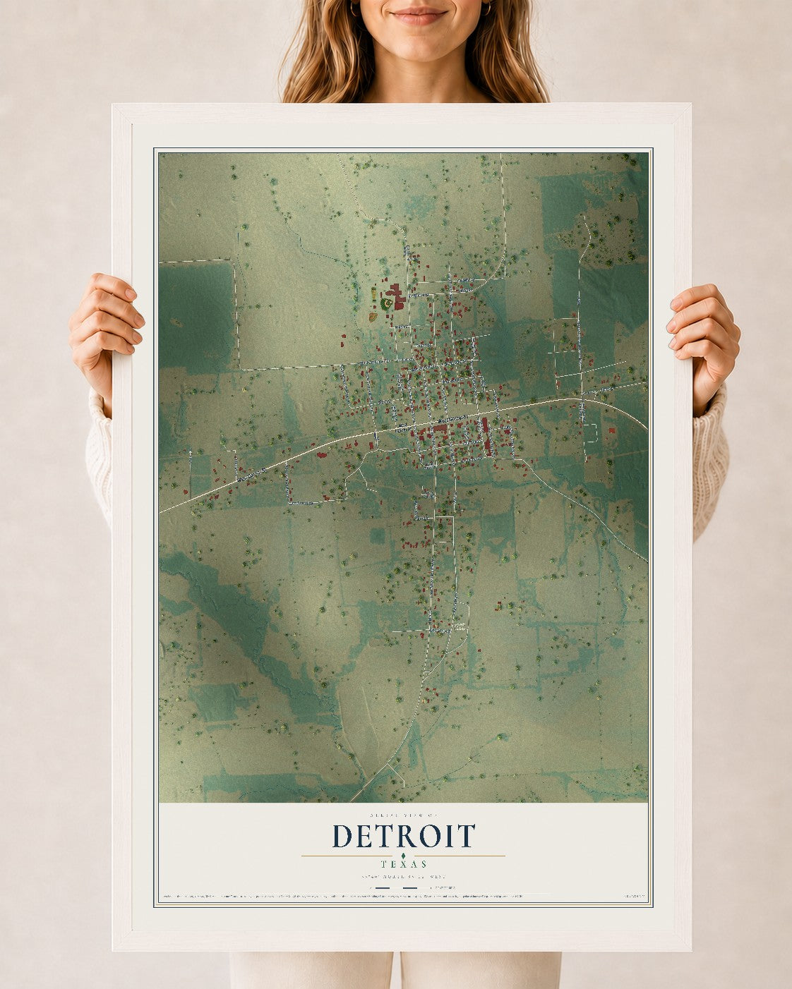 Map of Detroit, Texas, 24 x 36 inch print in a white wood frame