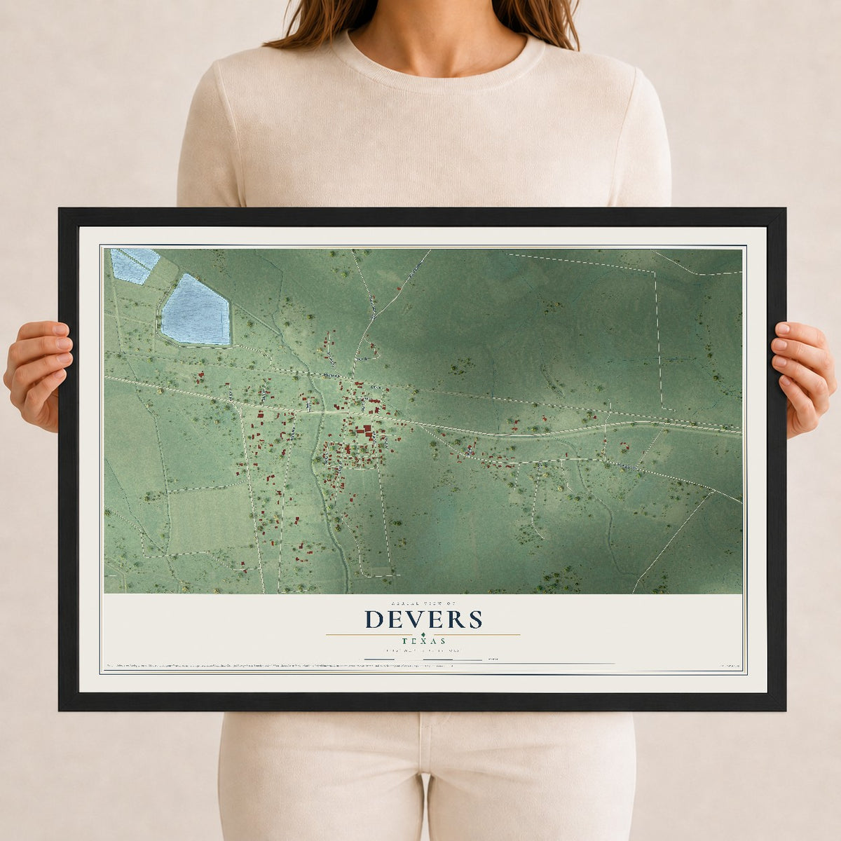 Map of Devers, Texas, 12 x 18 inch print in a black wood frame