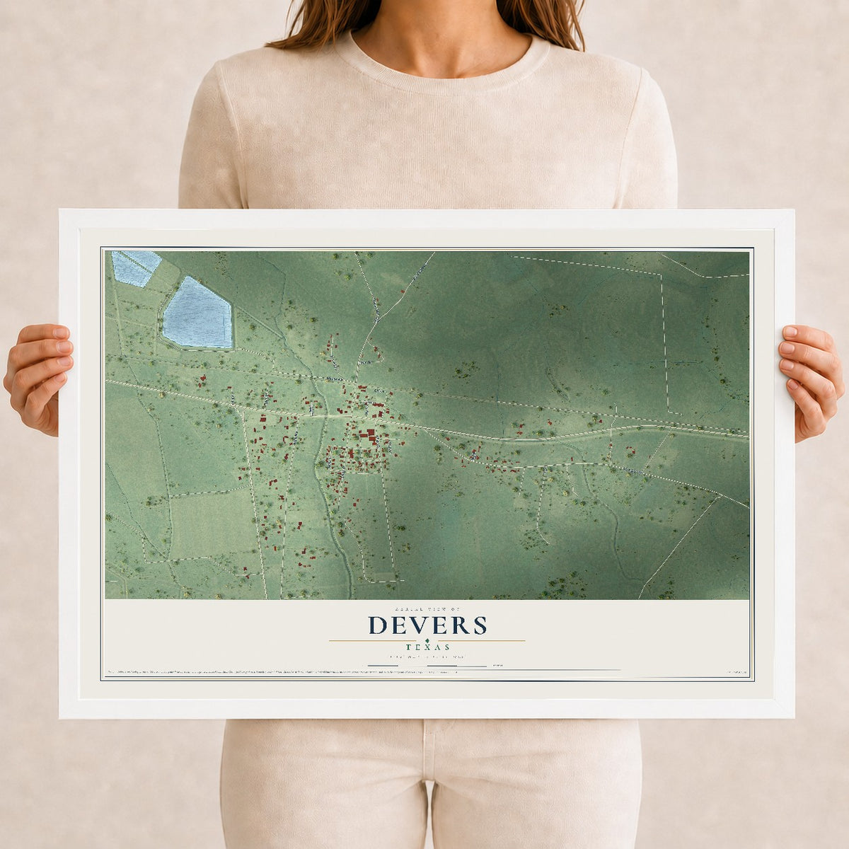 Map of Devers, Texas, 12 x 18 inch print in a white wood frame
