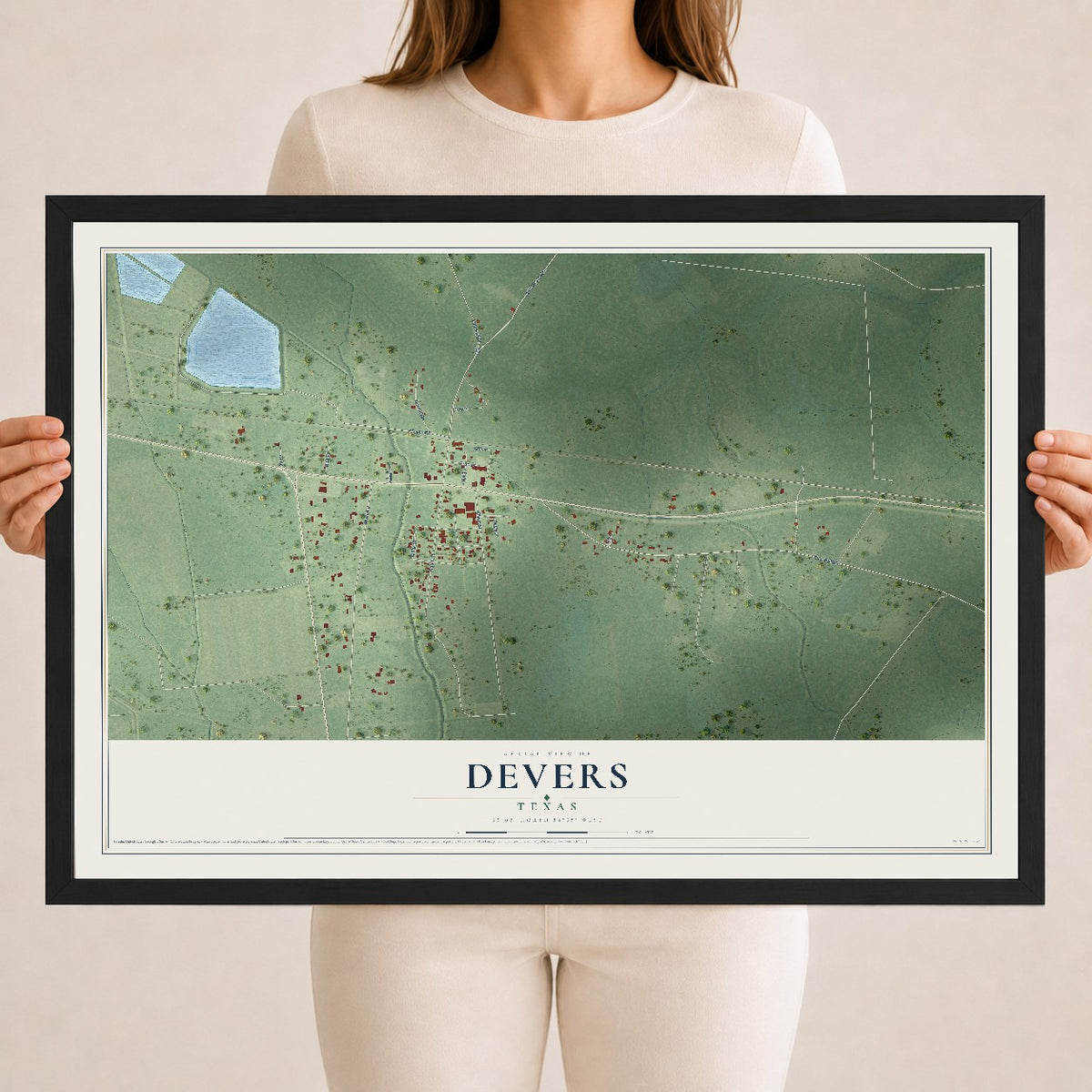 Map of Devers, Texas, 18 x 24 inch print in a black wood frame