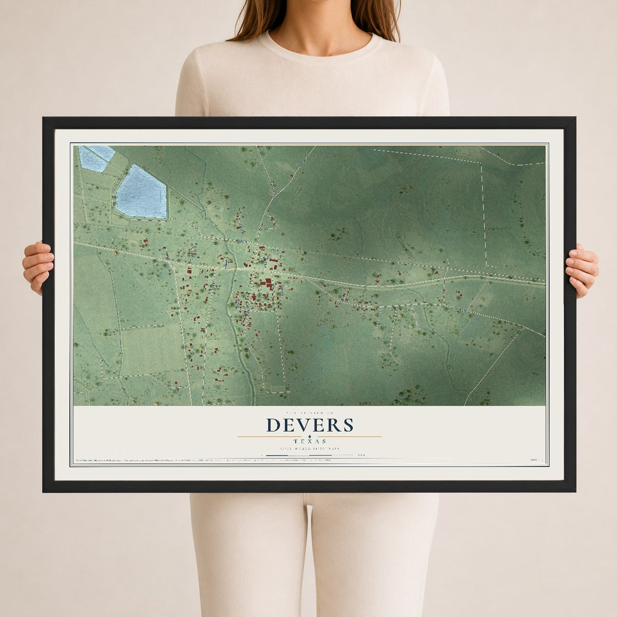 Map of Devers, Texas, 24 x 36 inch print in a black wood frame
