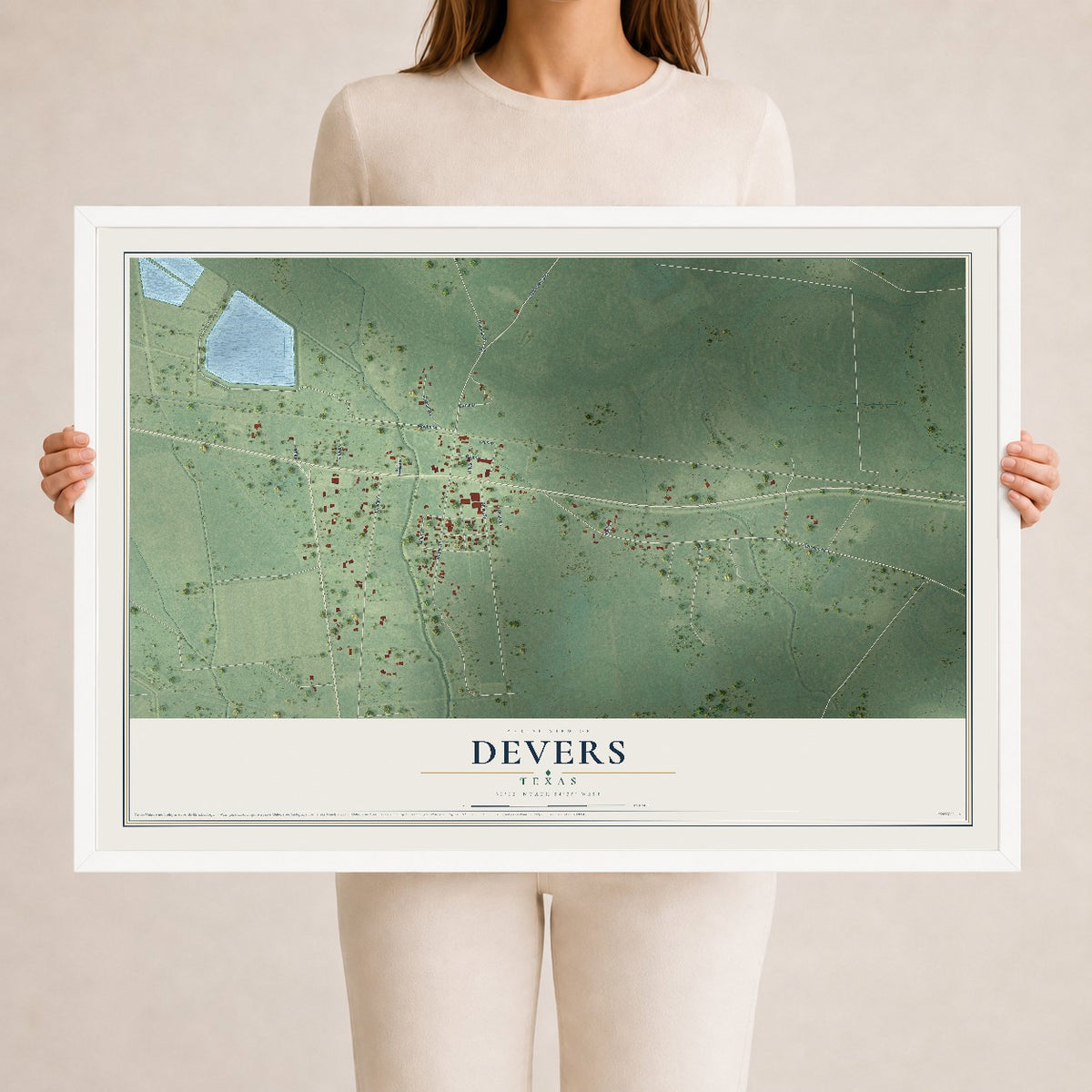 Map of Devers, Texas, 24 x 36 inch print in a white wood frame