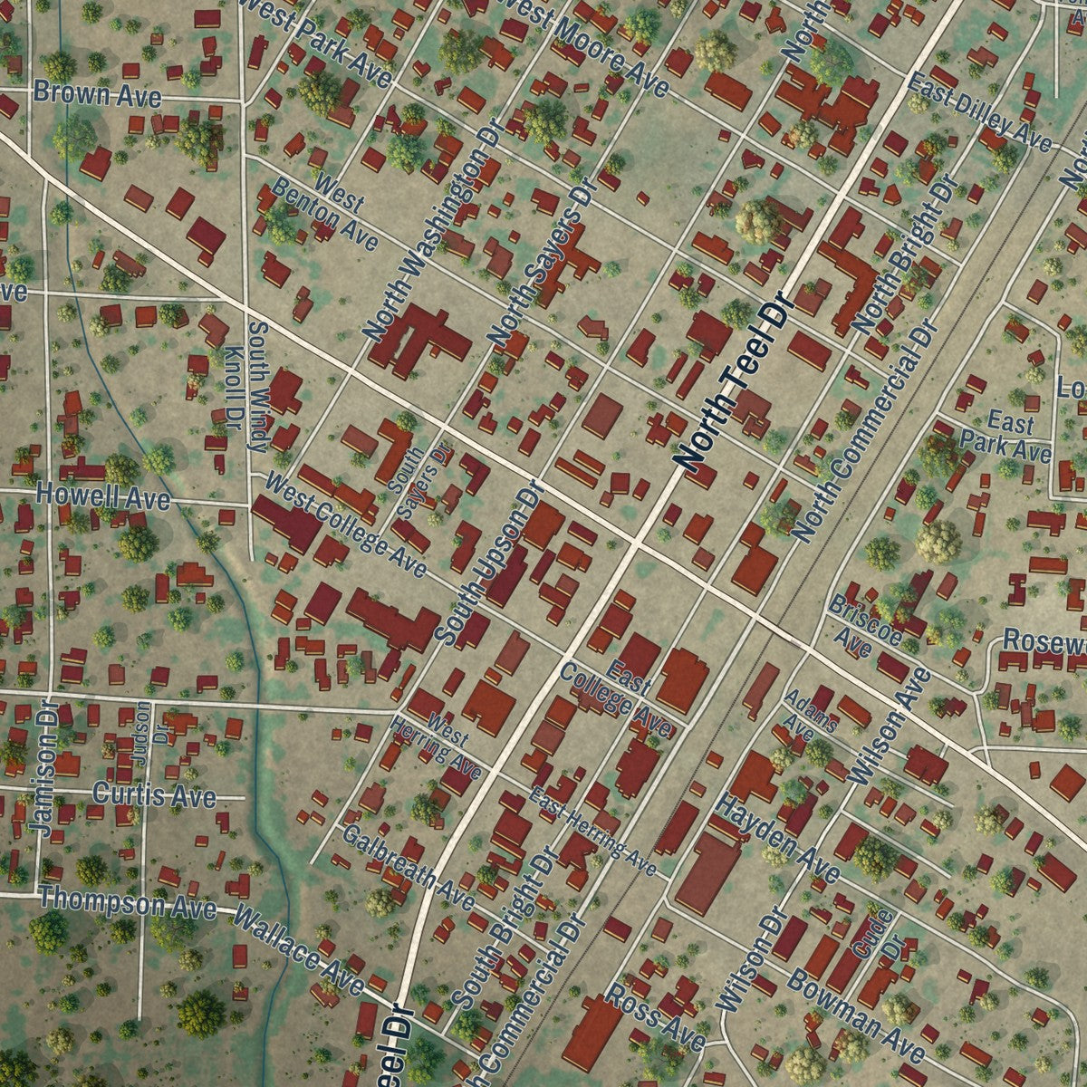 Close-up of the map of Devine, Texas print showing street and building detail