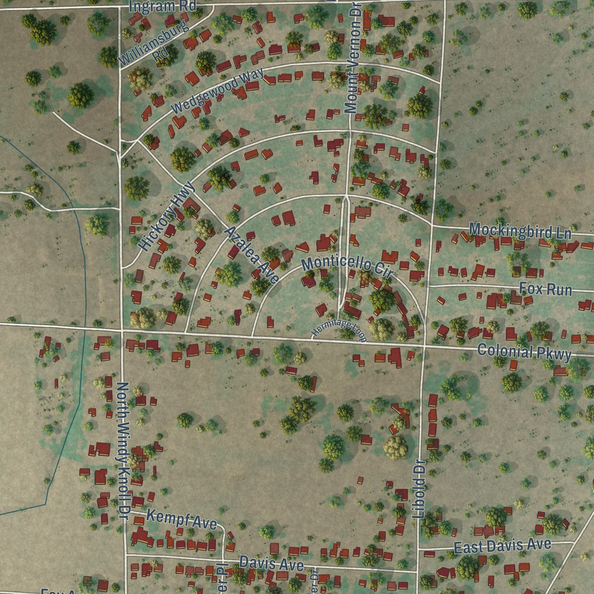 Second close-up of the map of Devine, Texas print showing more streets and buildings