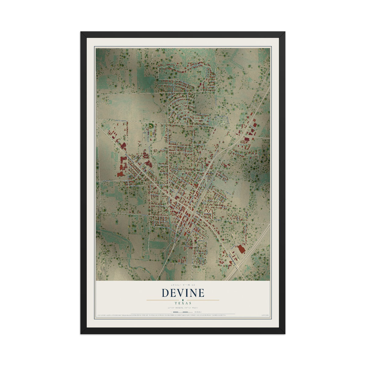 Map of Devine, Texas, 12 x 18 inch print in a black wood frame