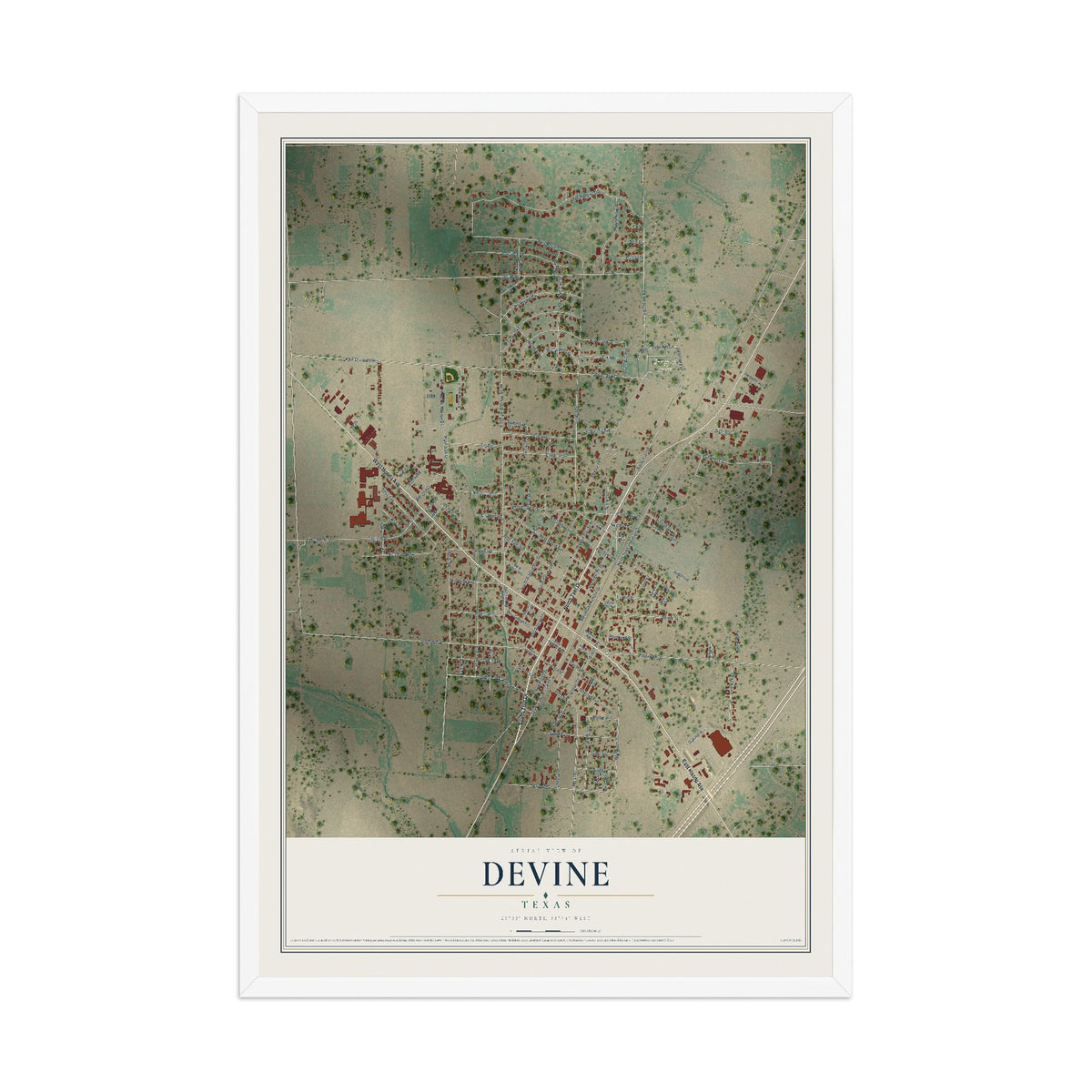 Map of Devine, Texas, 12 x 18 inch print in a white wood frame