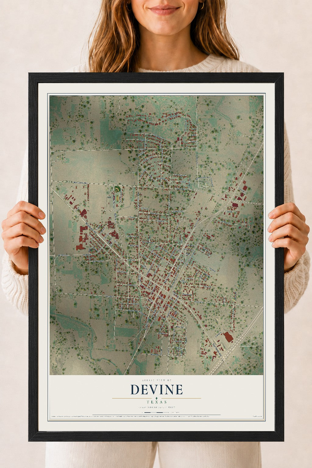 Map of Devine, Texas, 18 x 24 inch print in a black wood frame
