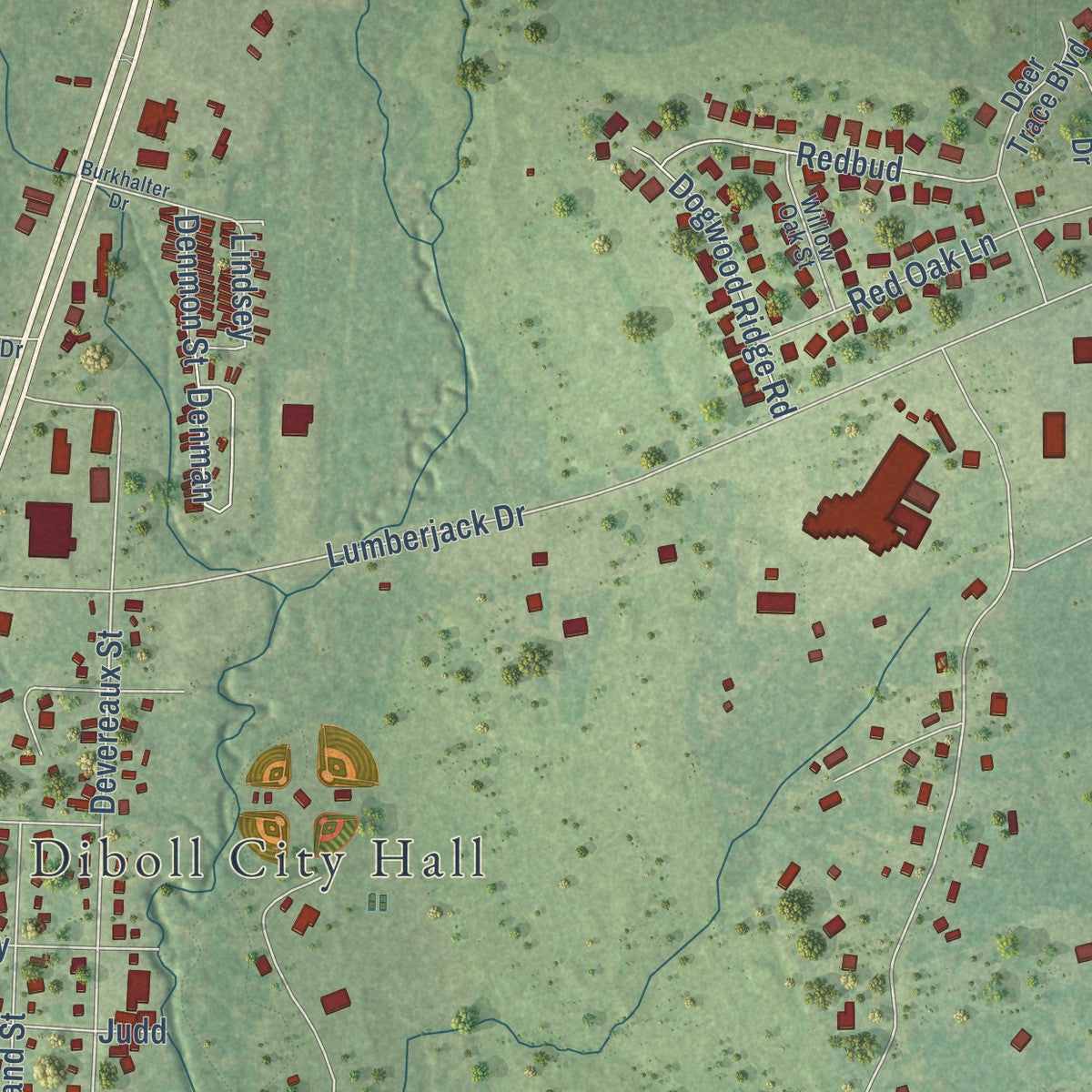 Second close-up of the map of Diboll, Texas print showing more streets and buildings