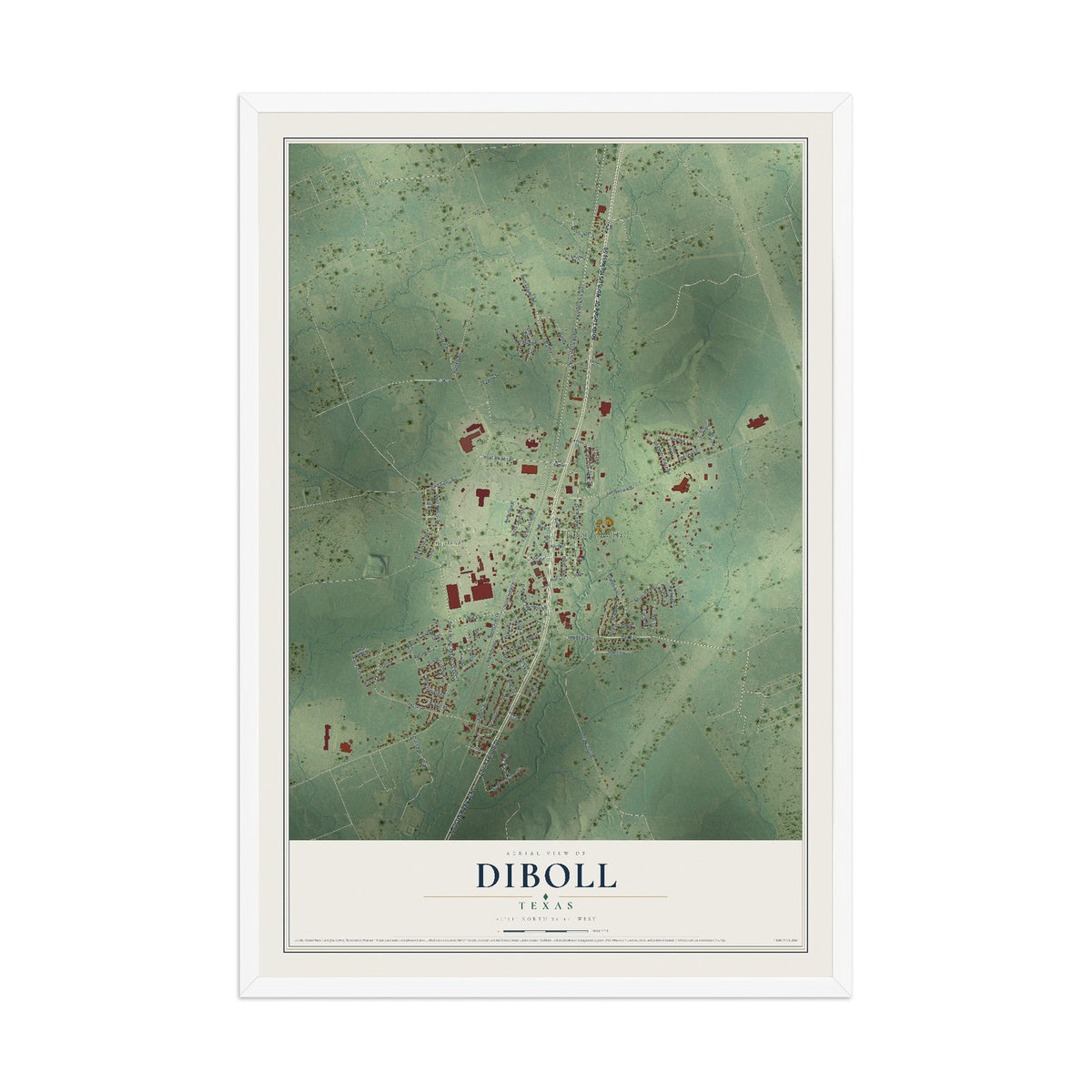 Map of Diboll, Texas, 12 x 18 inch print in a white wood frame