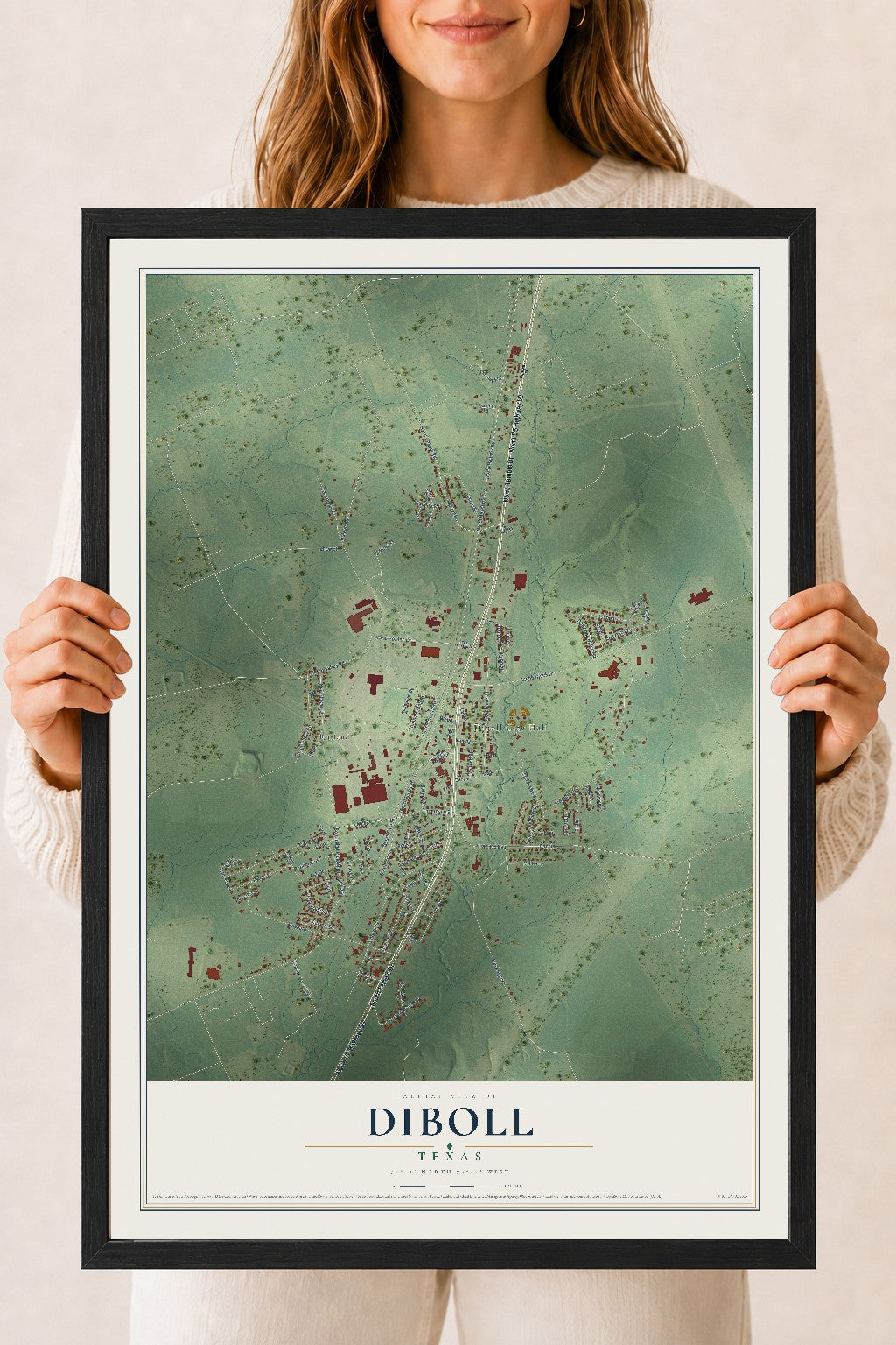 Map of Diboll, Texas, 18 x 24 inch print in a black wood frame