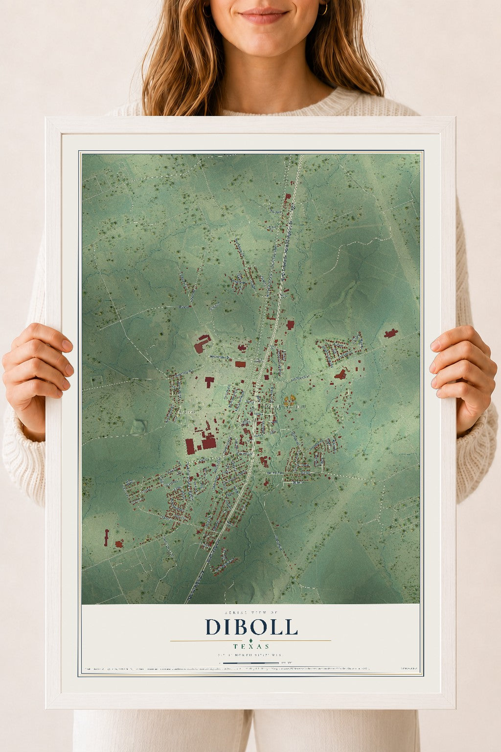 Map of Diboll, Texas, 18 x 24 inch print in a white wood frame