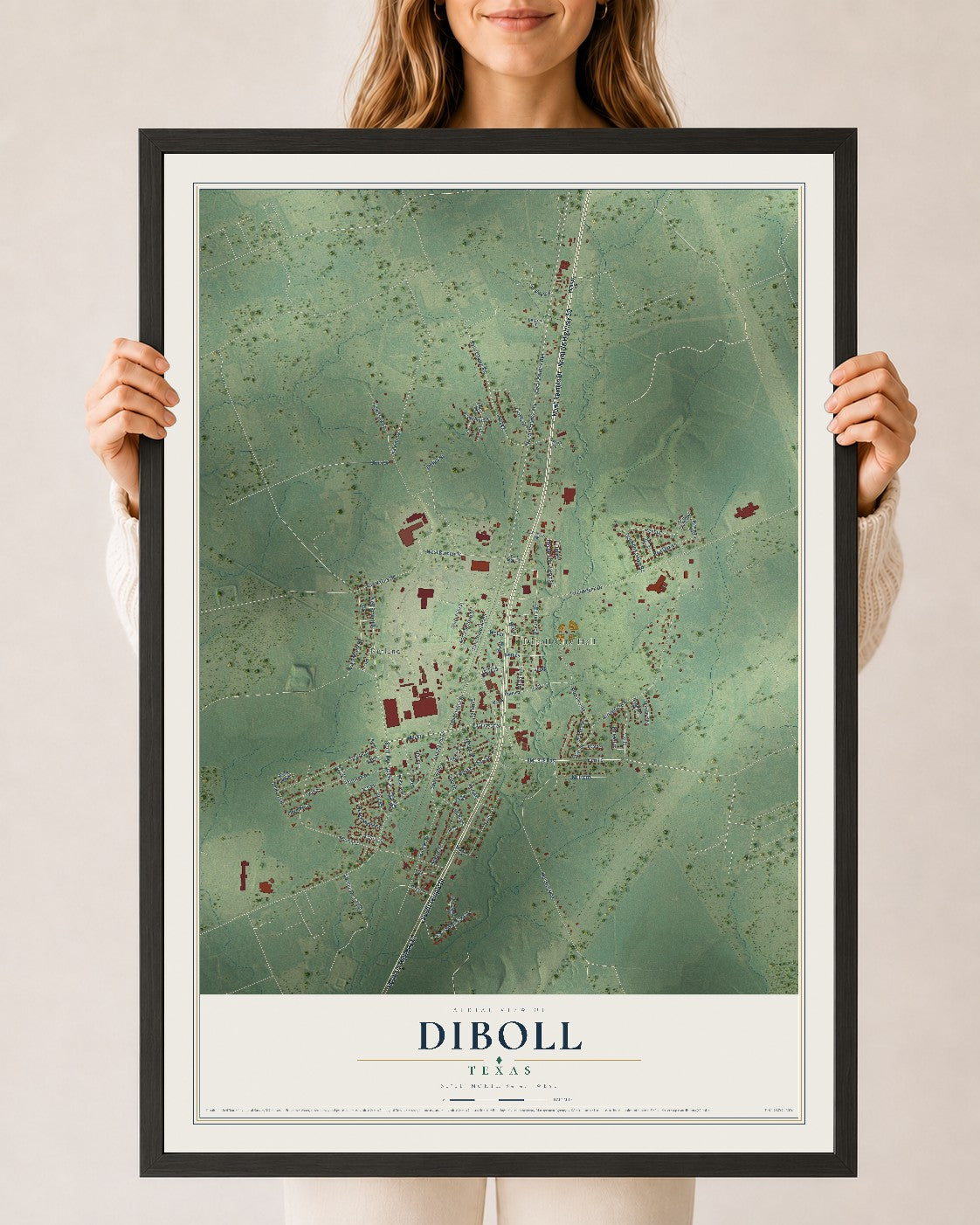 Map of Diboll, Texas, 24 x 36 inch print in a black wood frame