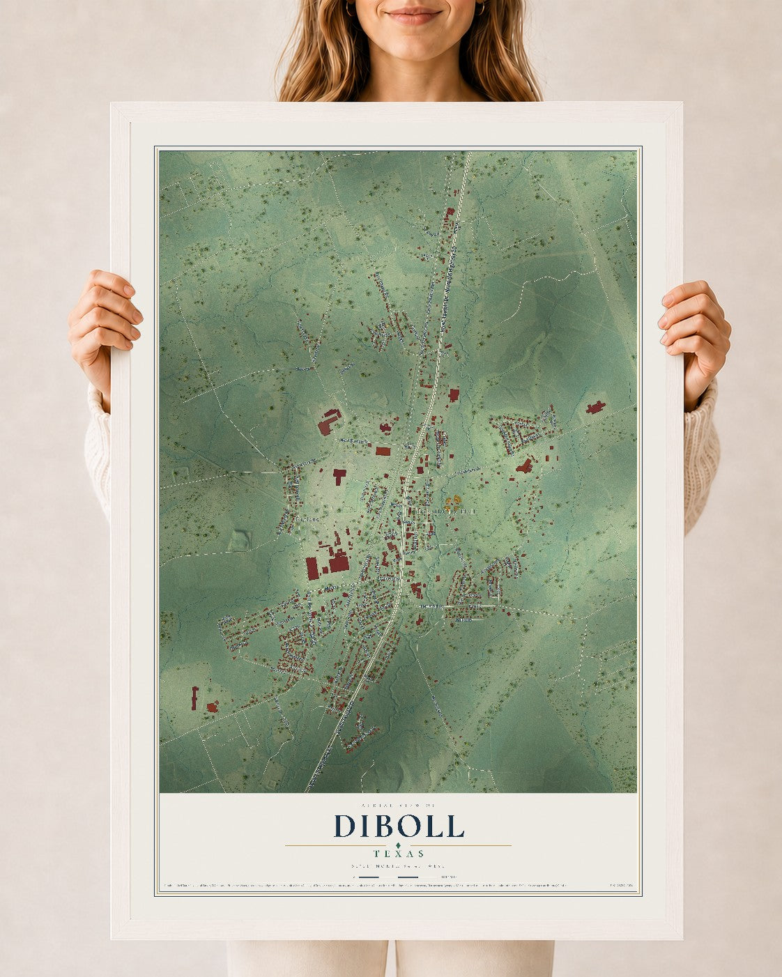 Map of Diboll, Texas, 24 x 36 inch print in a white wood frame
