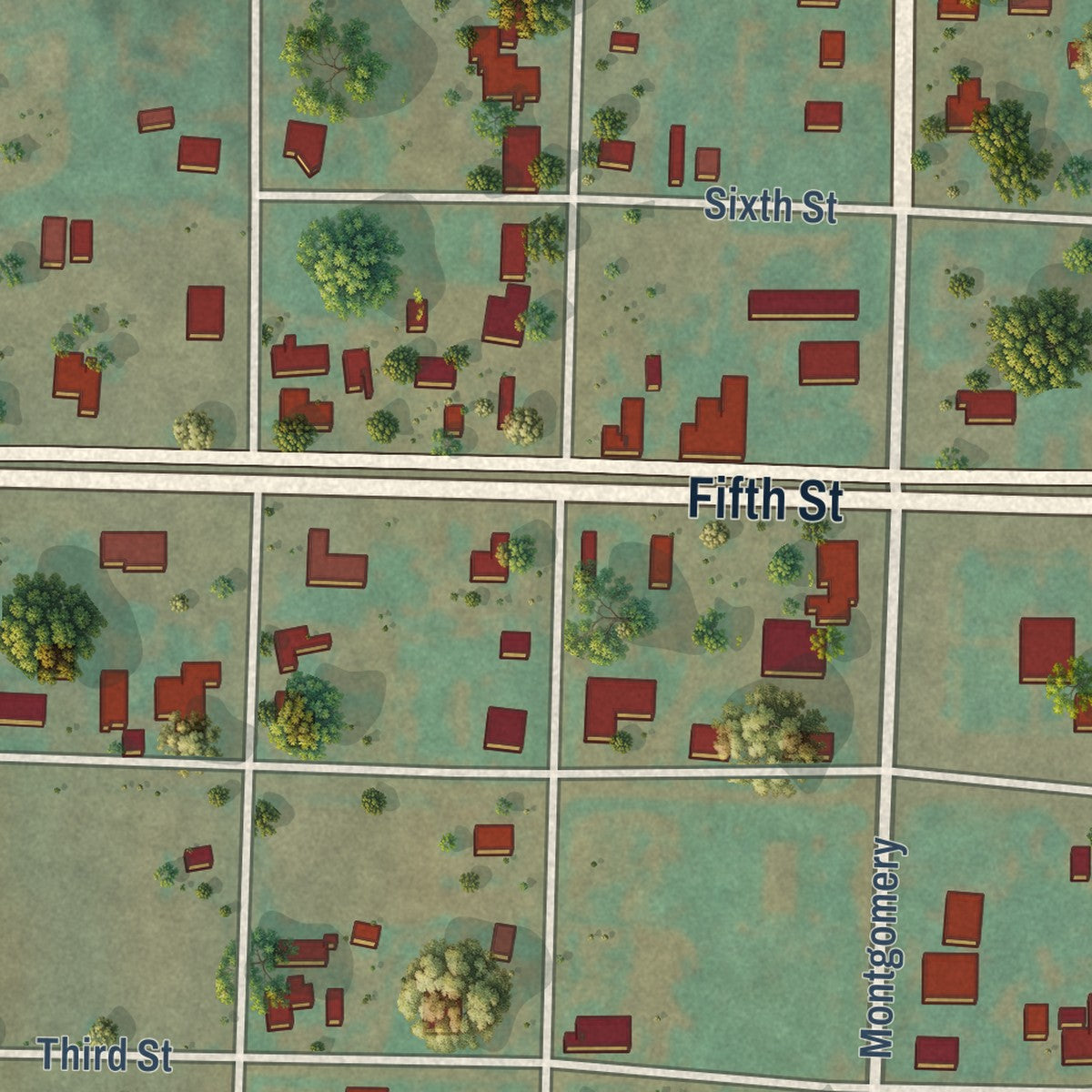 Close-up of the map of Dickens, Texas print showing street and building detail