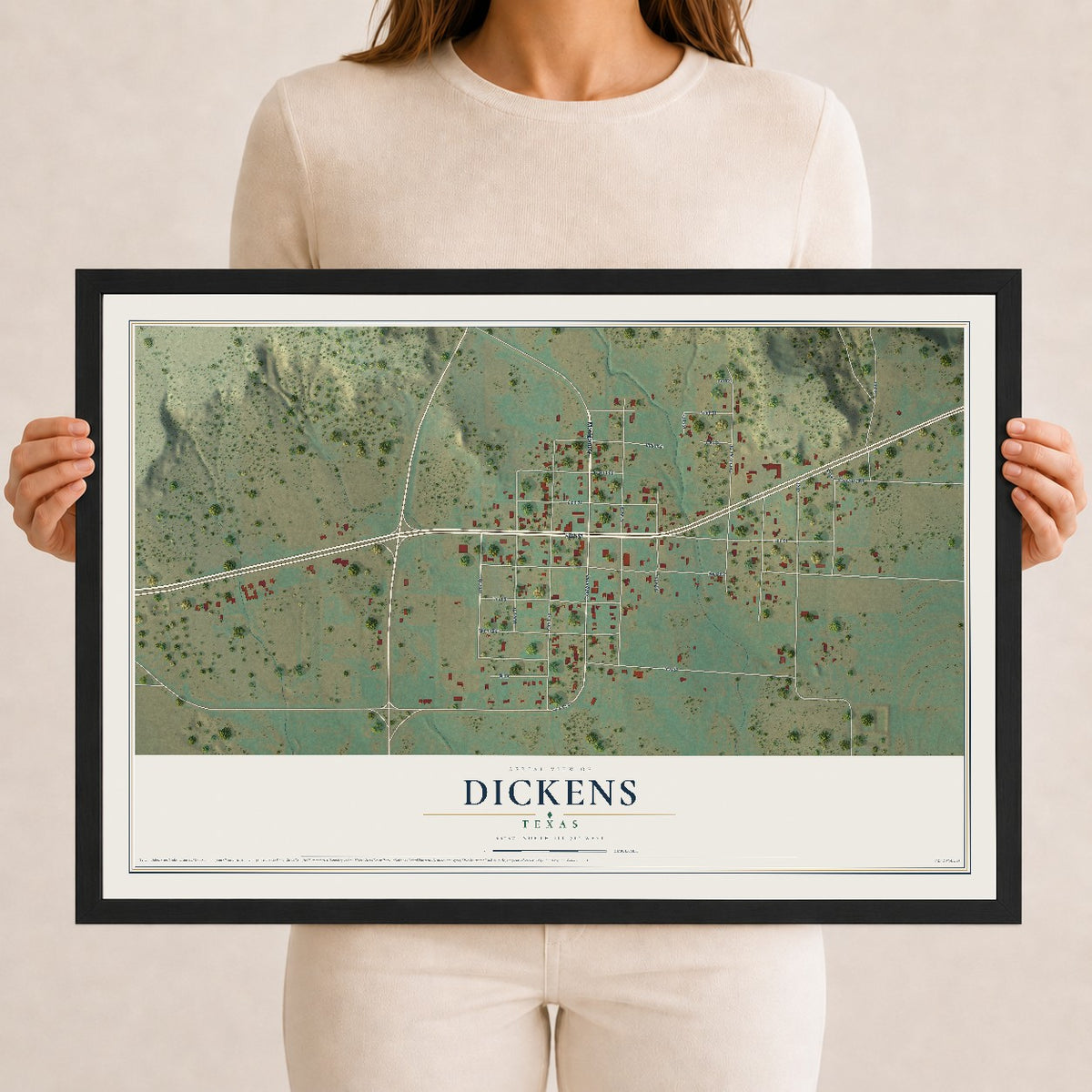 Map of Dickens, Texas, 12 x 18 inch print in a black wood frame