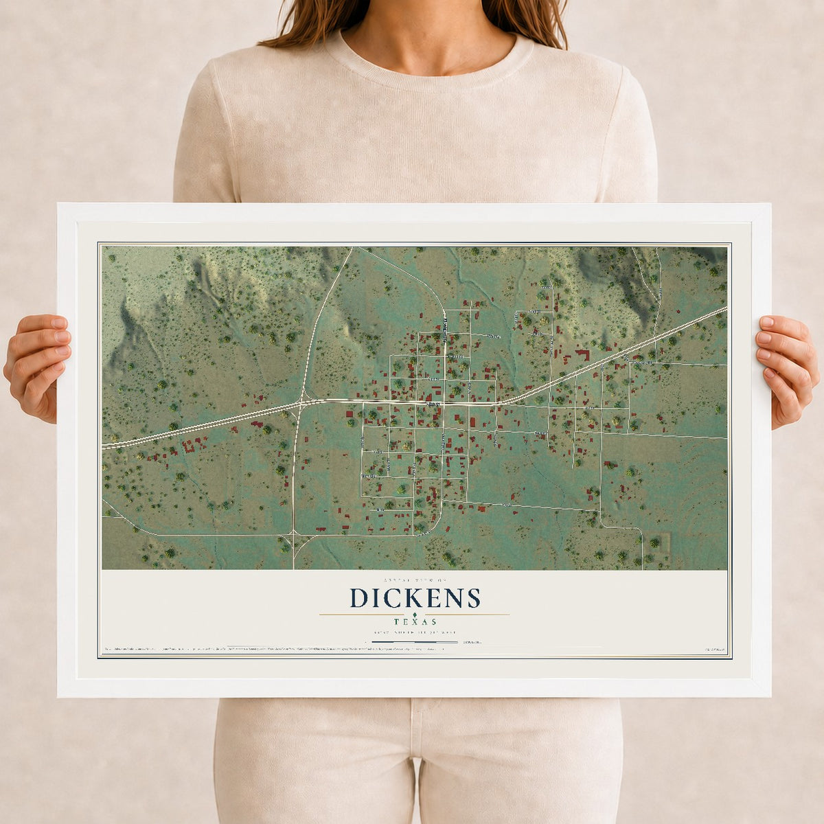 Map of Dickens, Texas, 12 x 18 inch print in a white wood frame