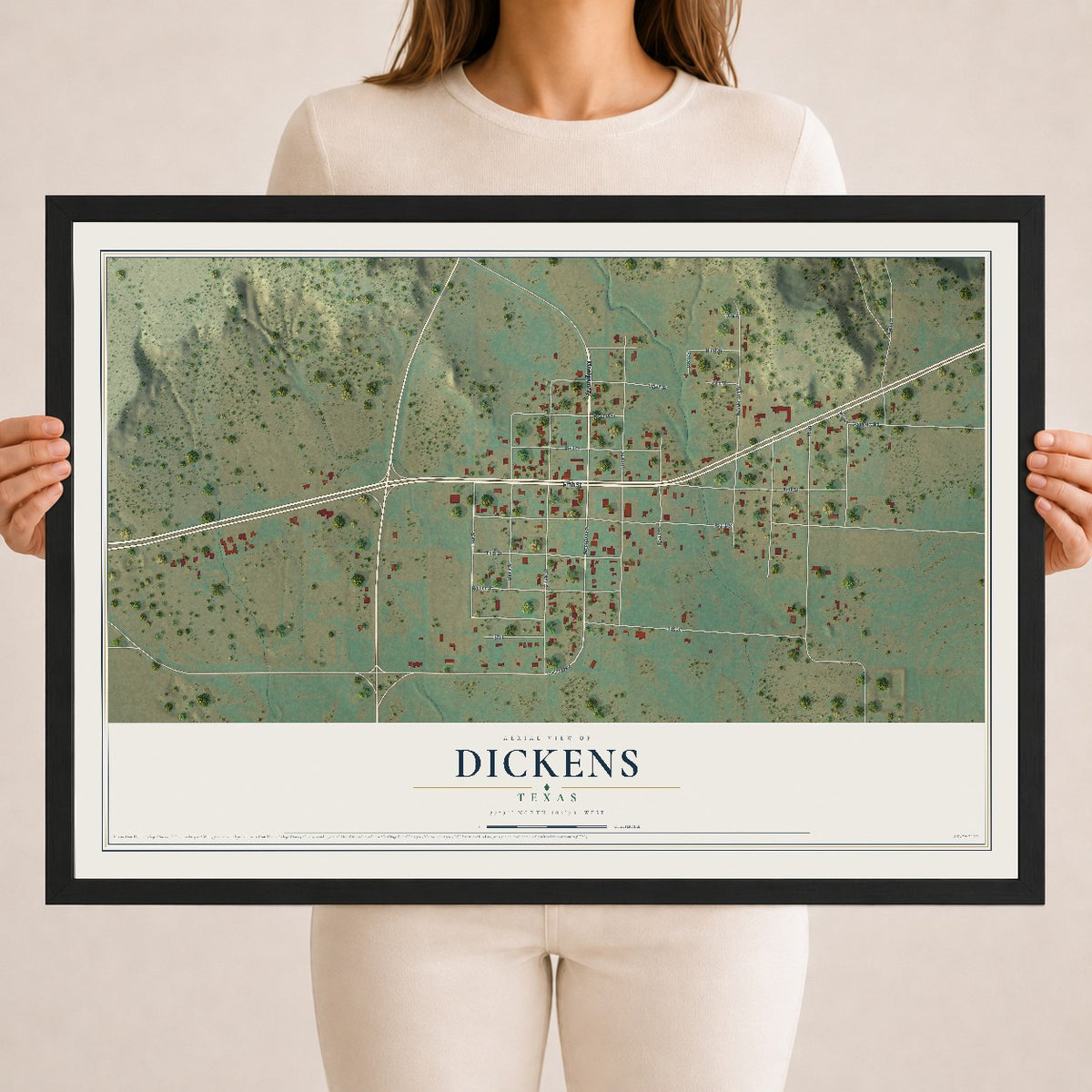 Map of Dickens, Texas, 18 x 24 inch print in a black wood frame